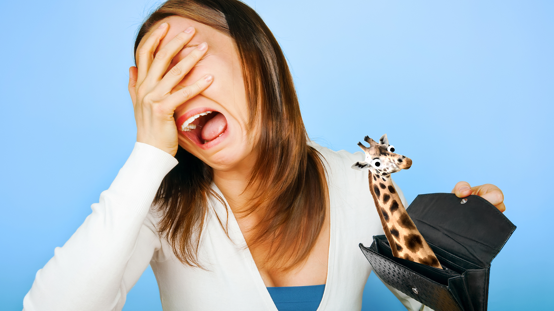 Distraught woman with empty purse with giraffe peering out