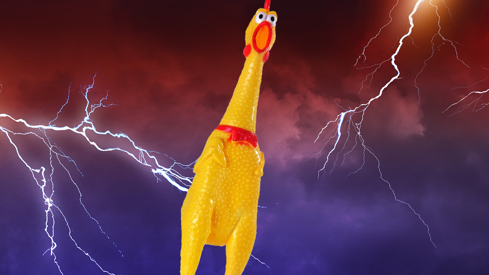 Rubber chicken on lightning background