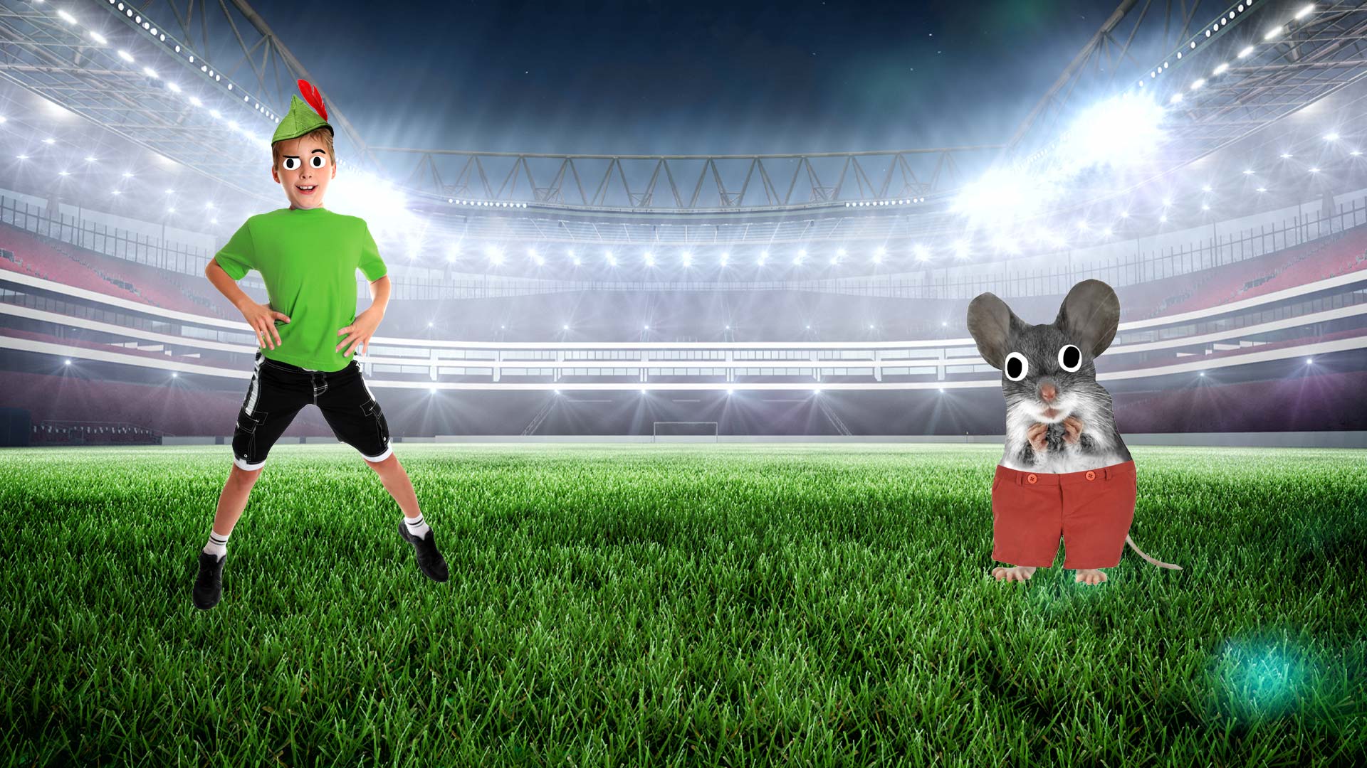 Peter Pan and Mickey Mouse in a football stadium