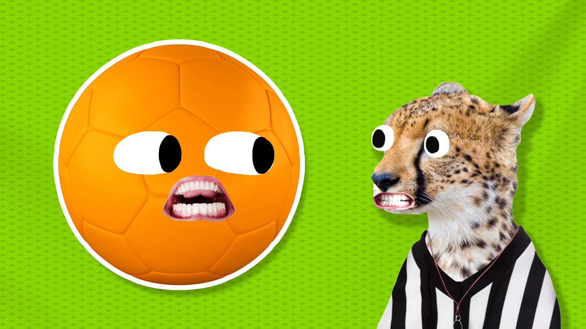 An orange football and a cheetah in a referee shirt
