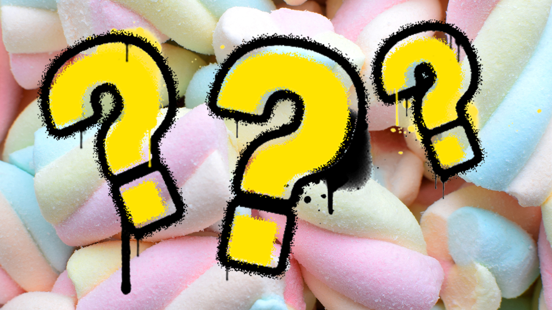 Question marks on marshmallows background