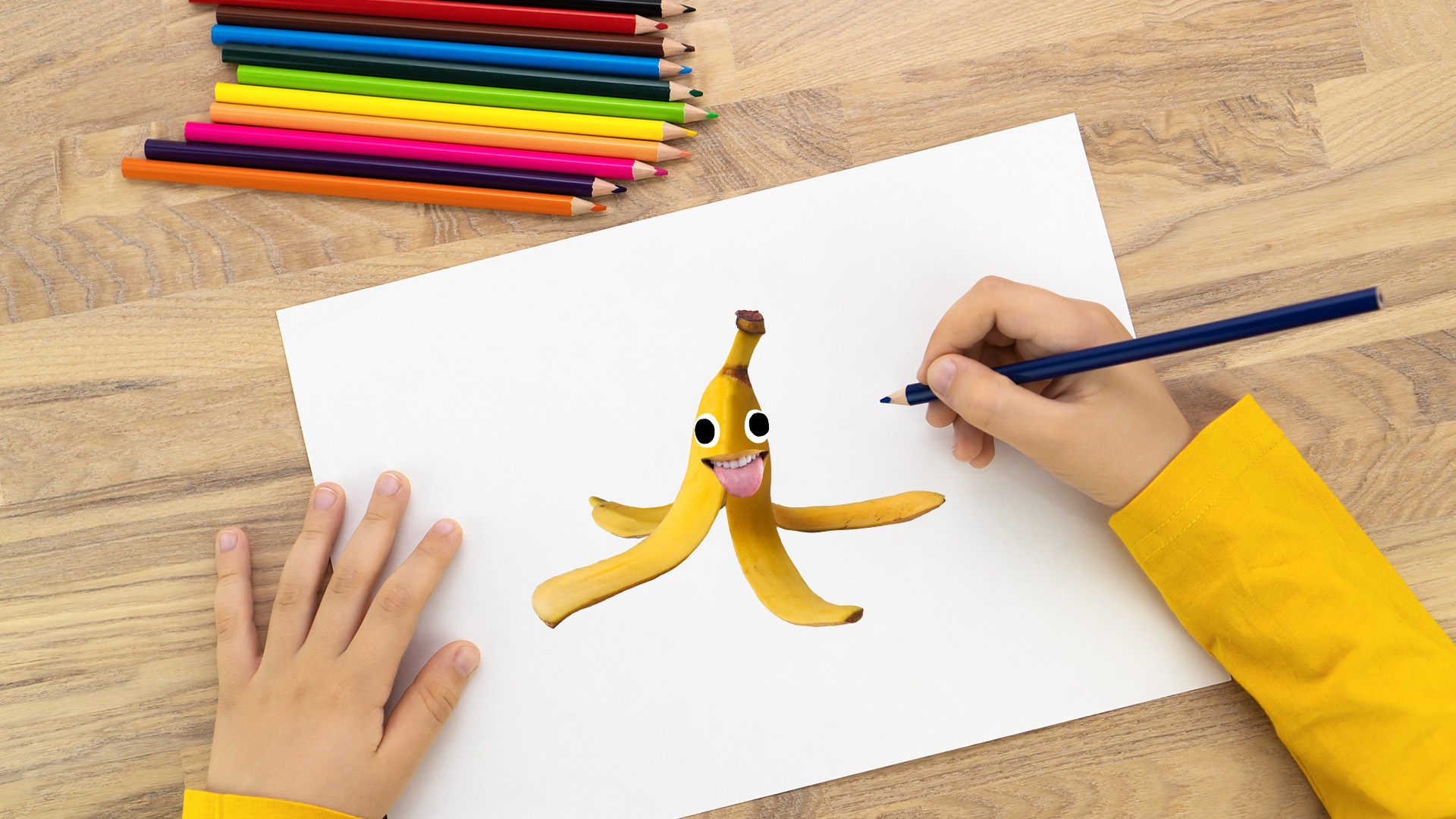 A drawing of a banana using coloured pencils 