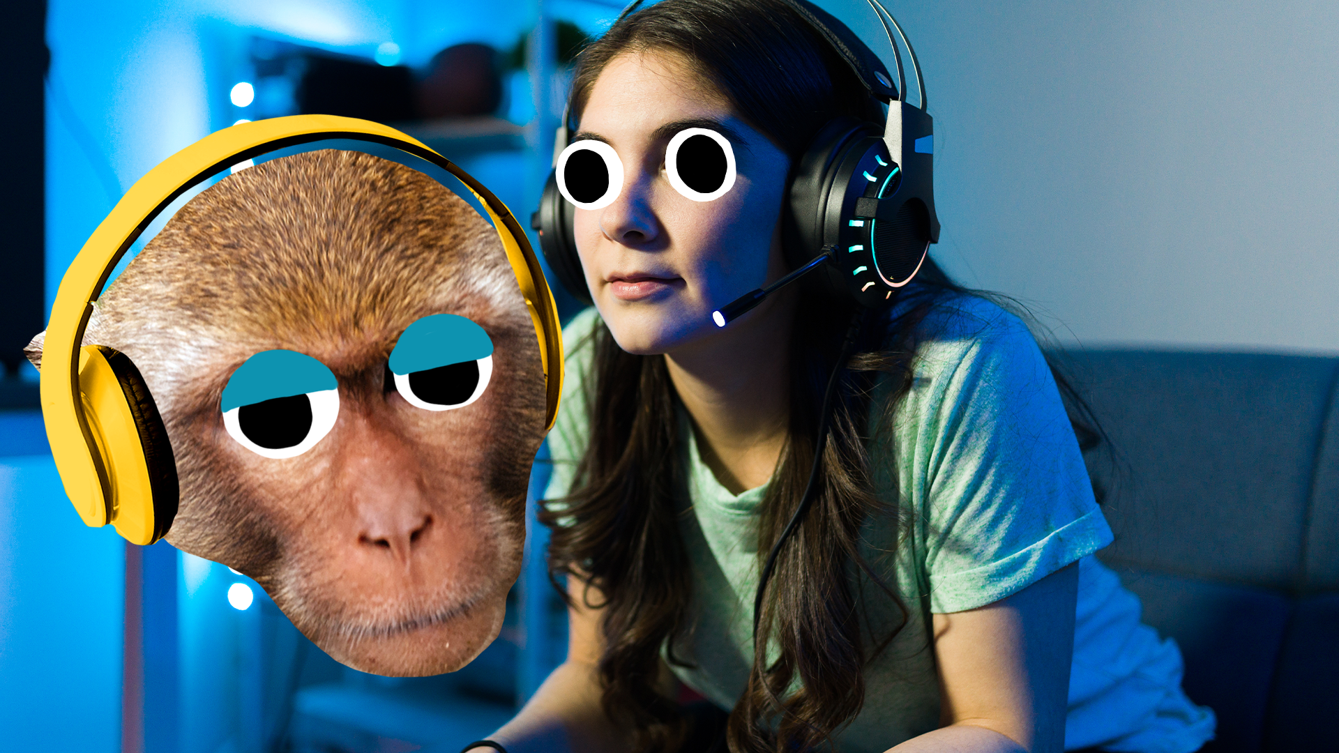 Girl gaming and derpy Beano monkey
