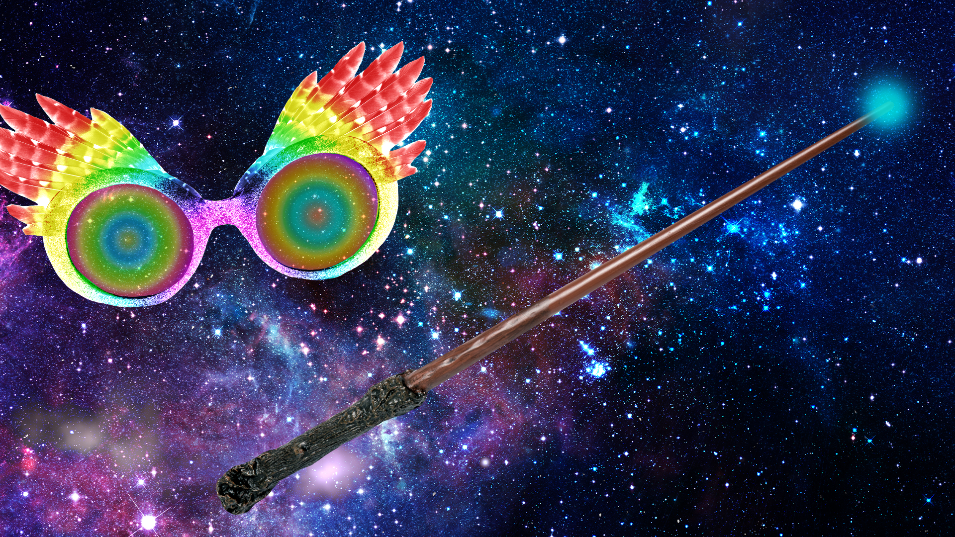 Wand and magic glasses on space background