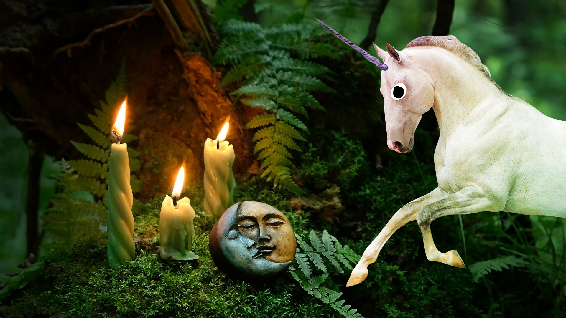 Some candles a moon and a sun in a mossy wood and a Beano unicorn