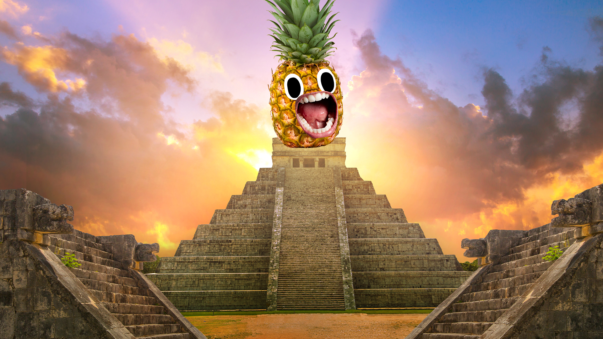 Screaming pineapple on top of Aztec temple