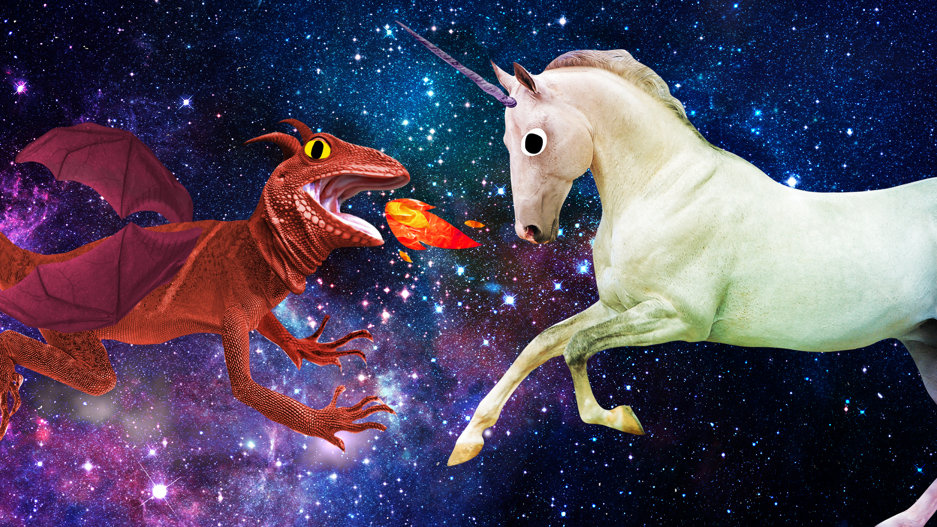 Beano dragon and unicorn on mystical background