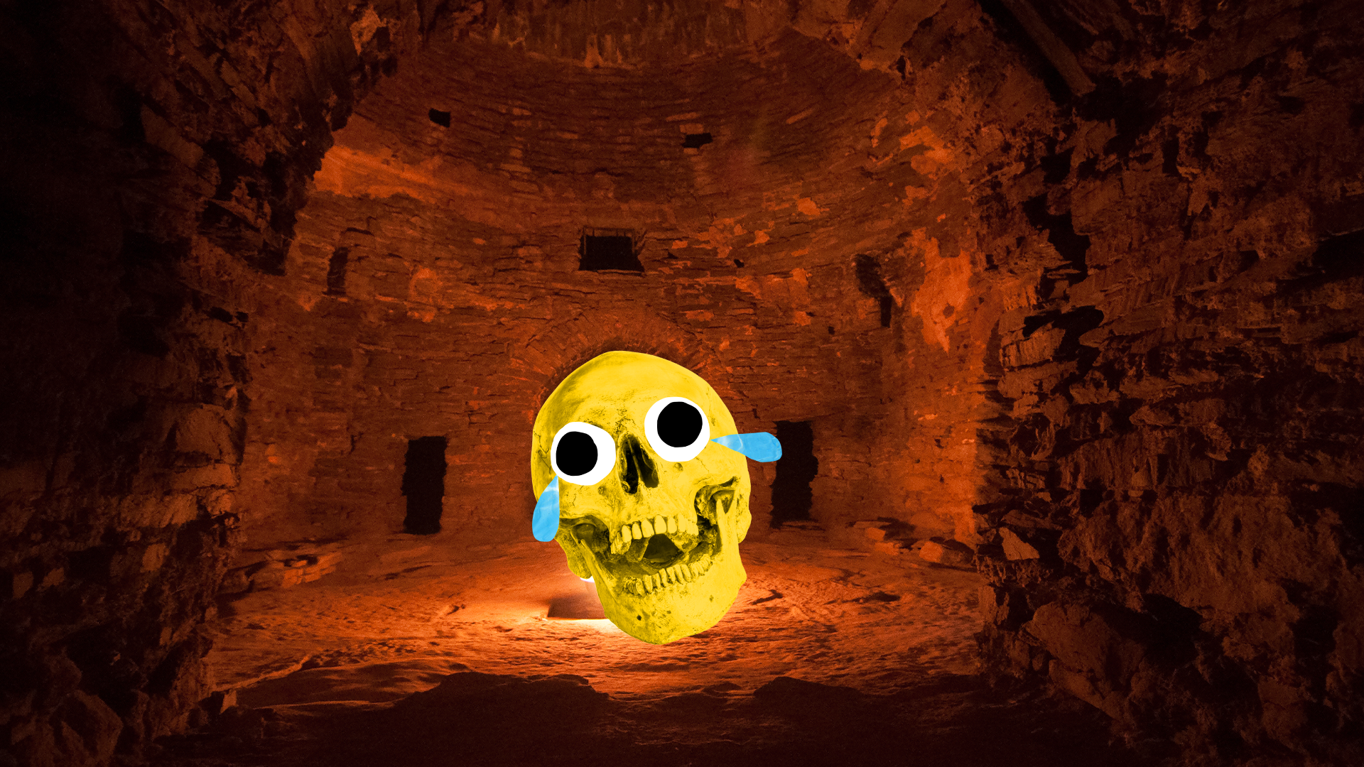 A spooky cave with a Beano skull in it