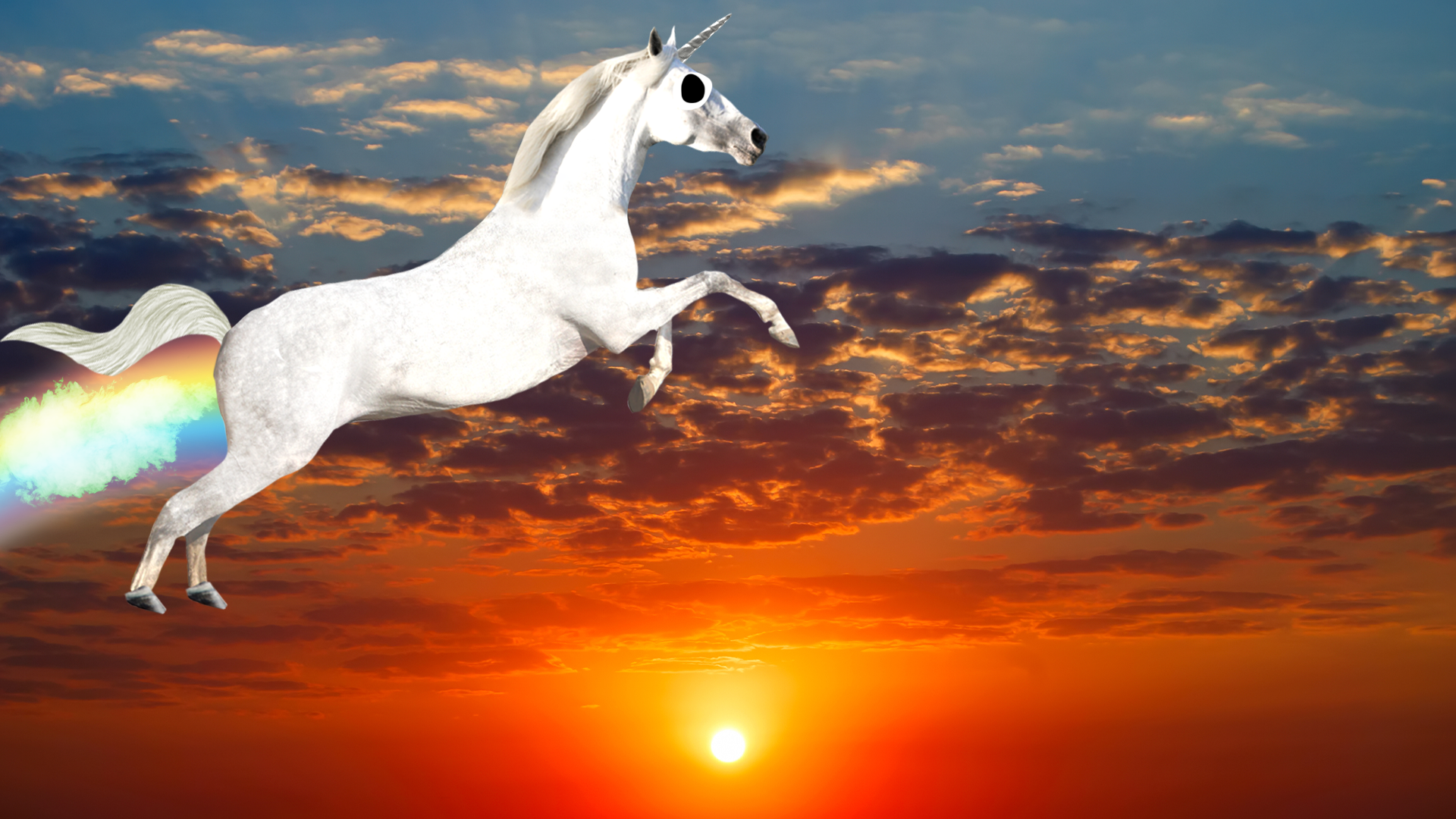 Farting unicorn jumping over setting sun