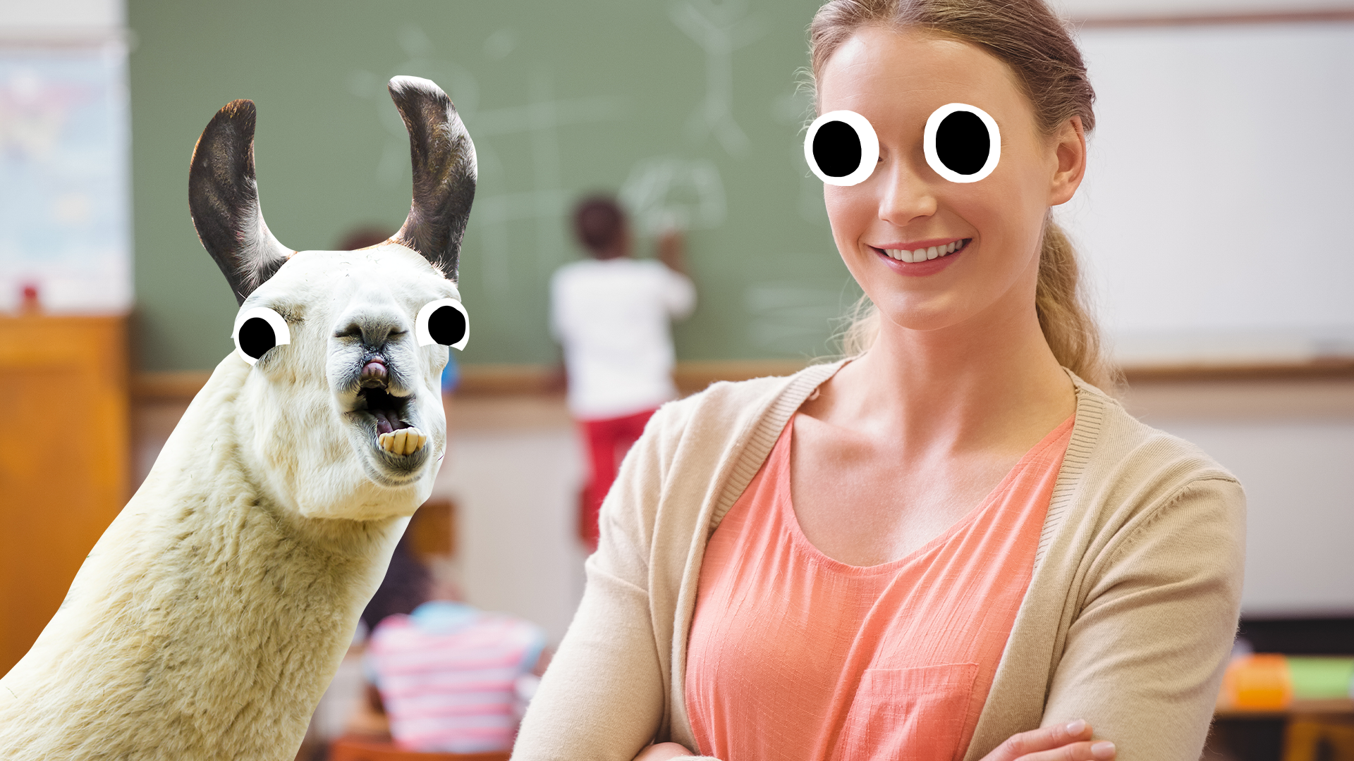 Smiling teacher and derpy llama