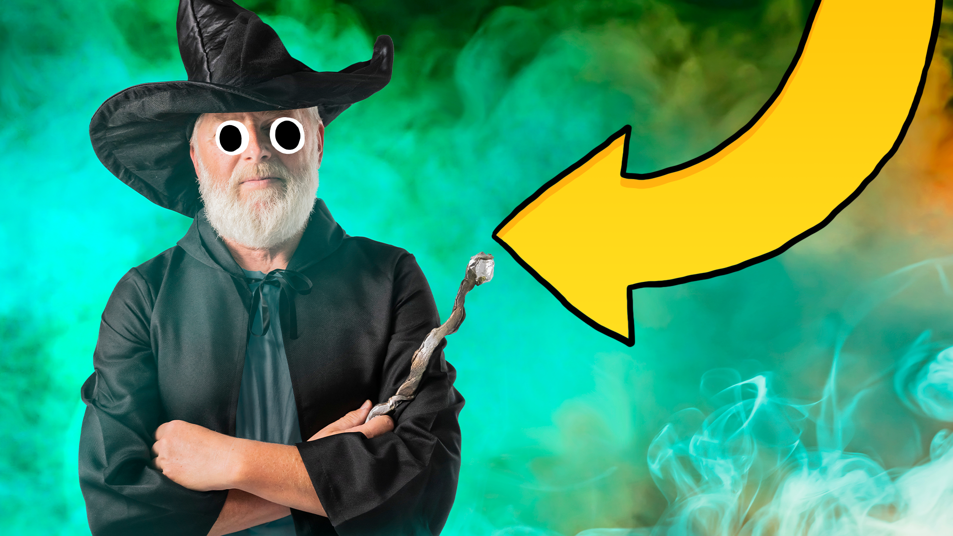 Wizard with arrow pointing to him