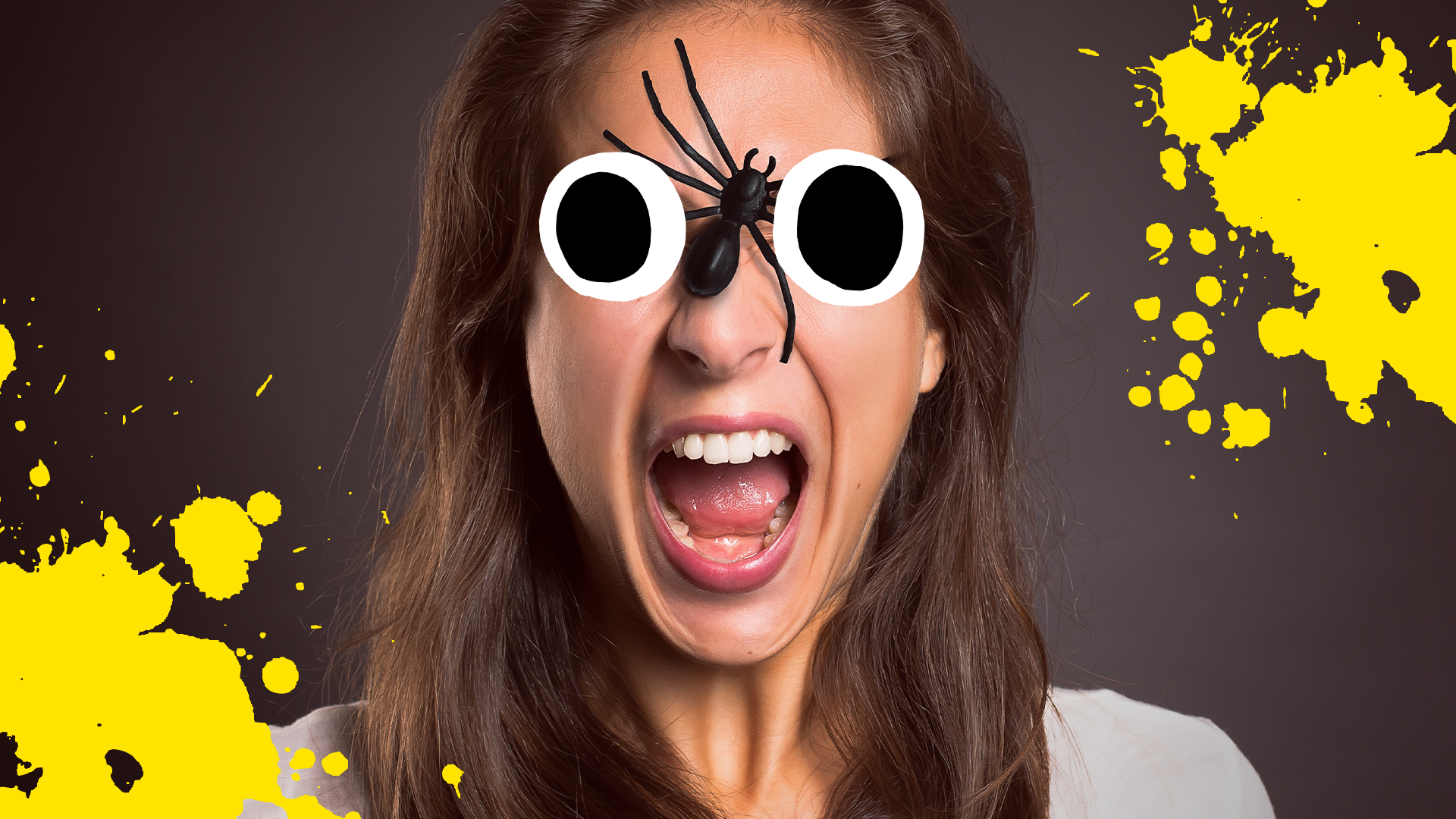 Woman screaming with spider on her face and splats