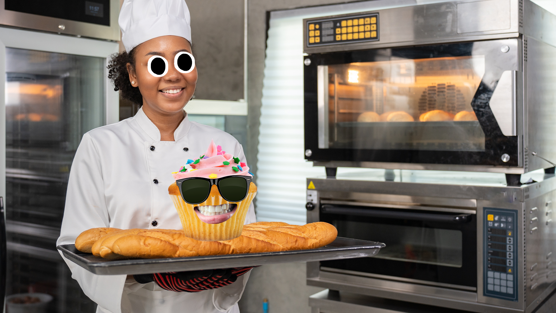 A female baker with a derpy Beano cupcake