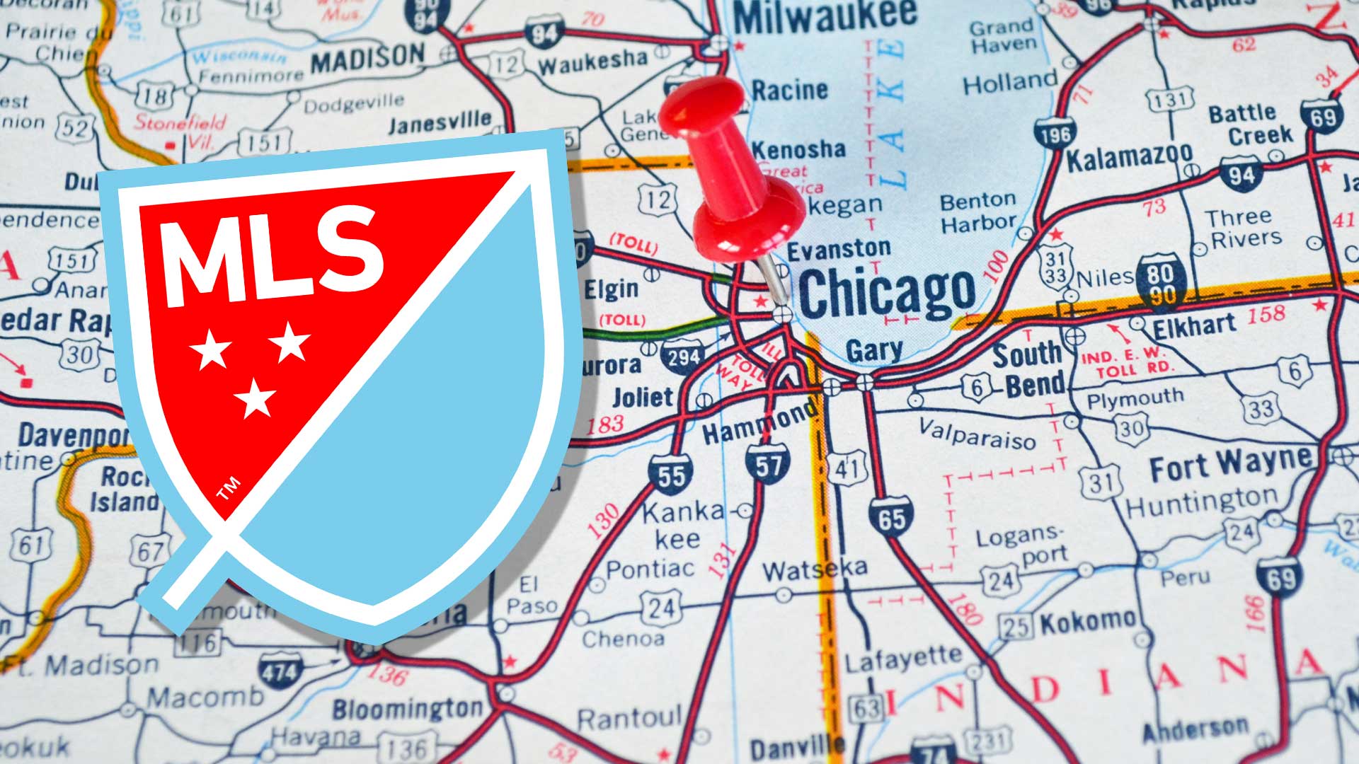MLS Chicago Fire crest over a map of the city