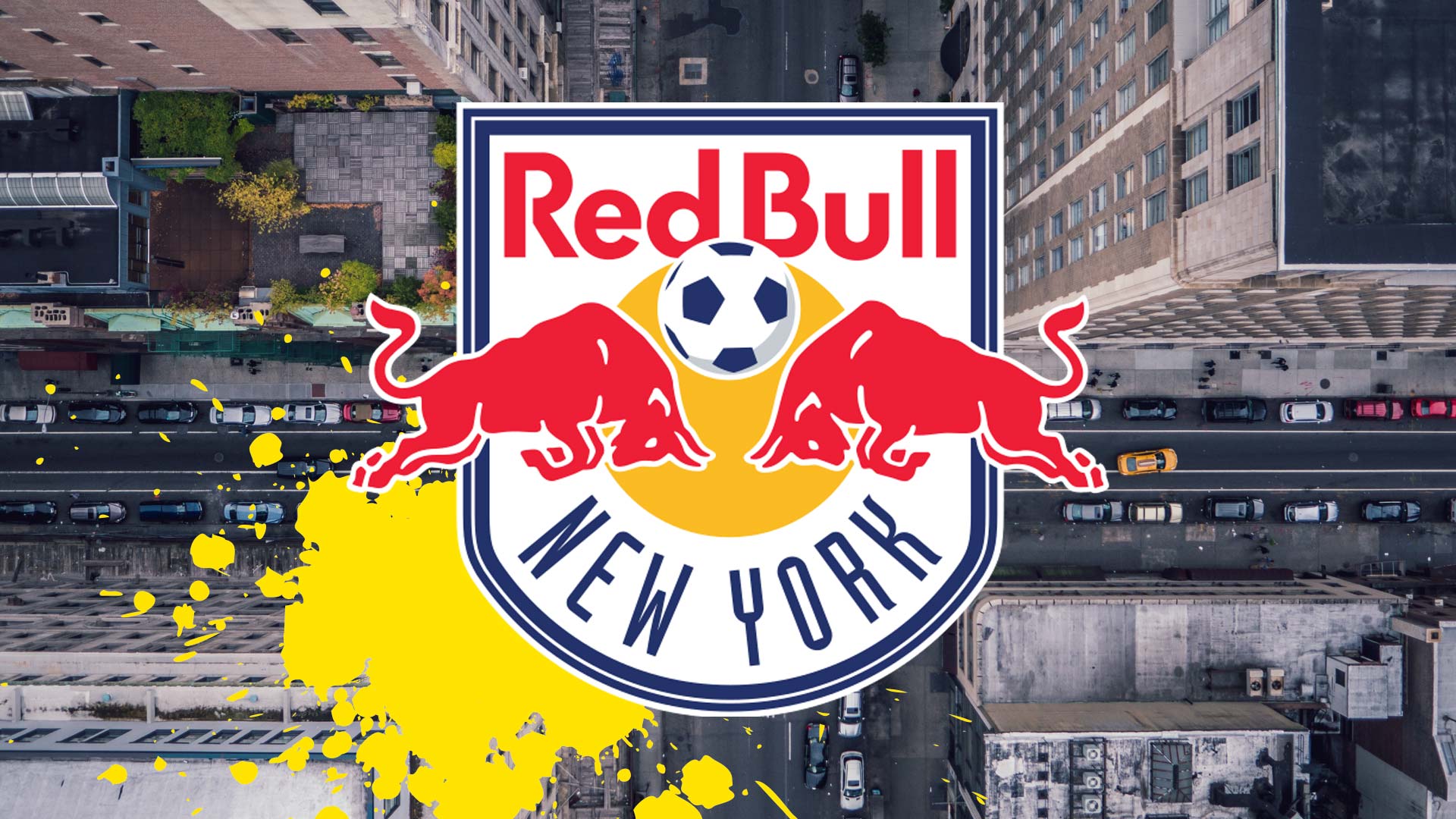 New York Red Bulls badge laid over an overhead view of a Manhattan street