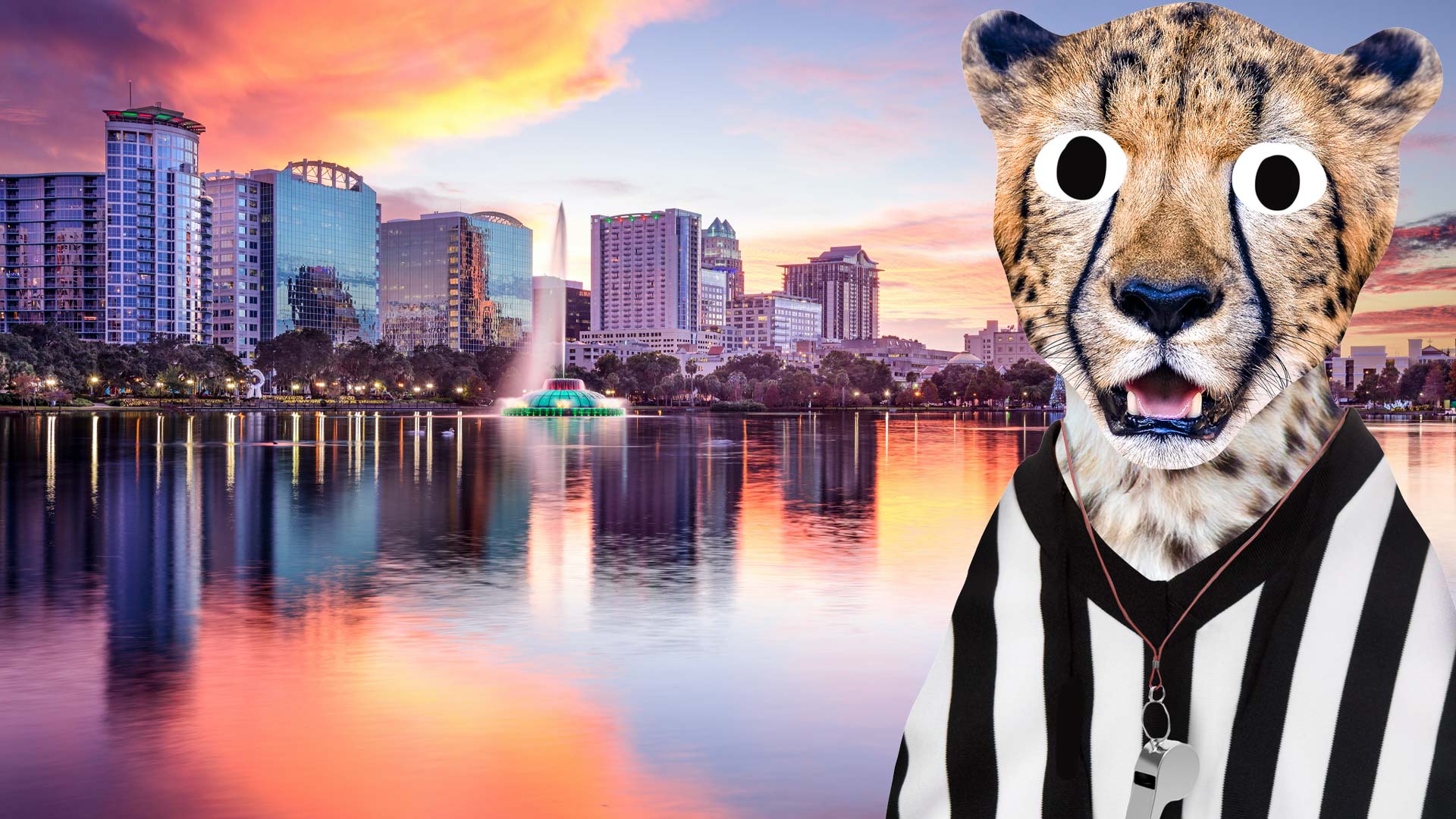 Orlando skyline with a cheetah dressed as a sports referee