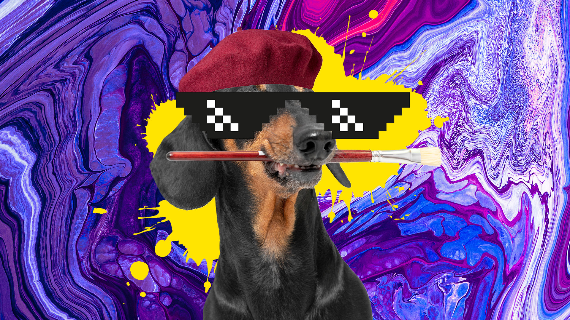 A dog wearing a beret and holding a paintbrush in its mouth