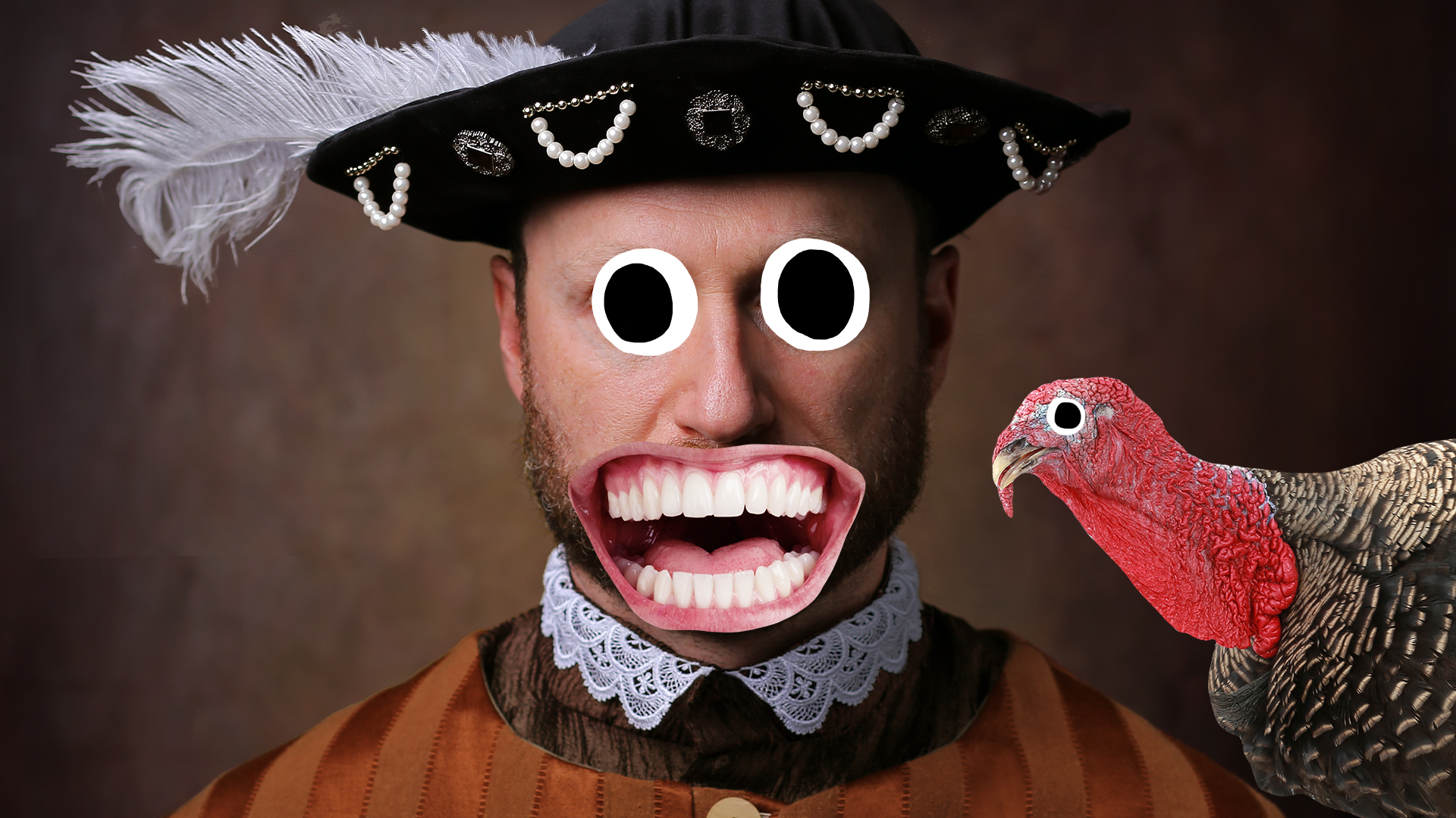 Smiling Tudor man and worried Beano turkey