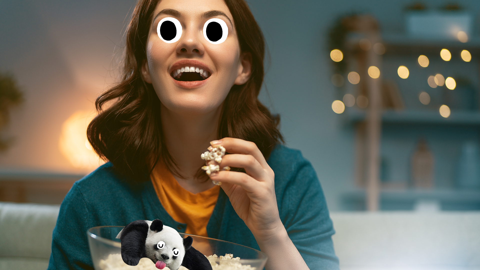 Woman watching film and derpy panda