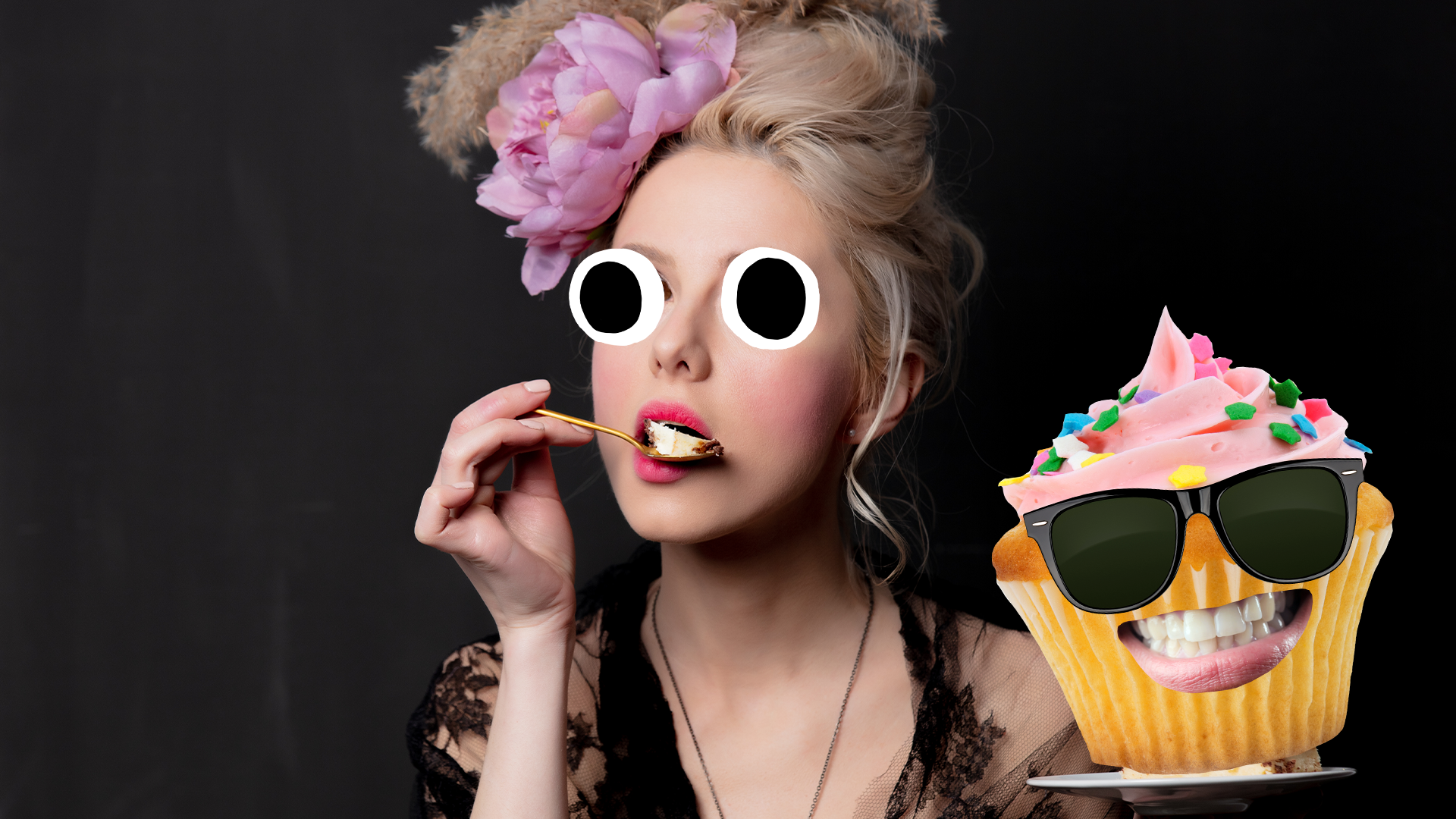 A fancy woman eating a Beano Cupcake