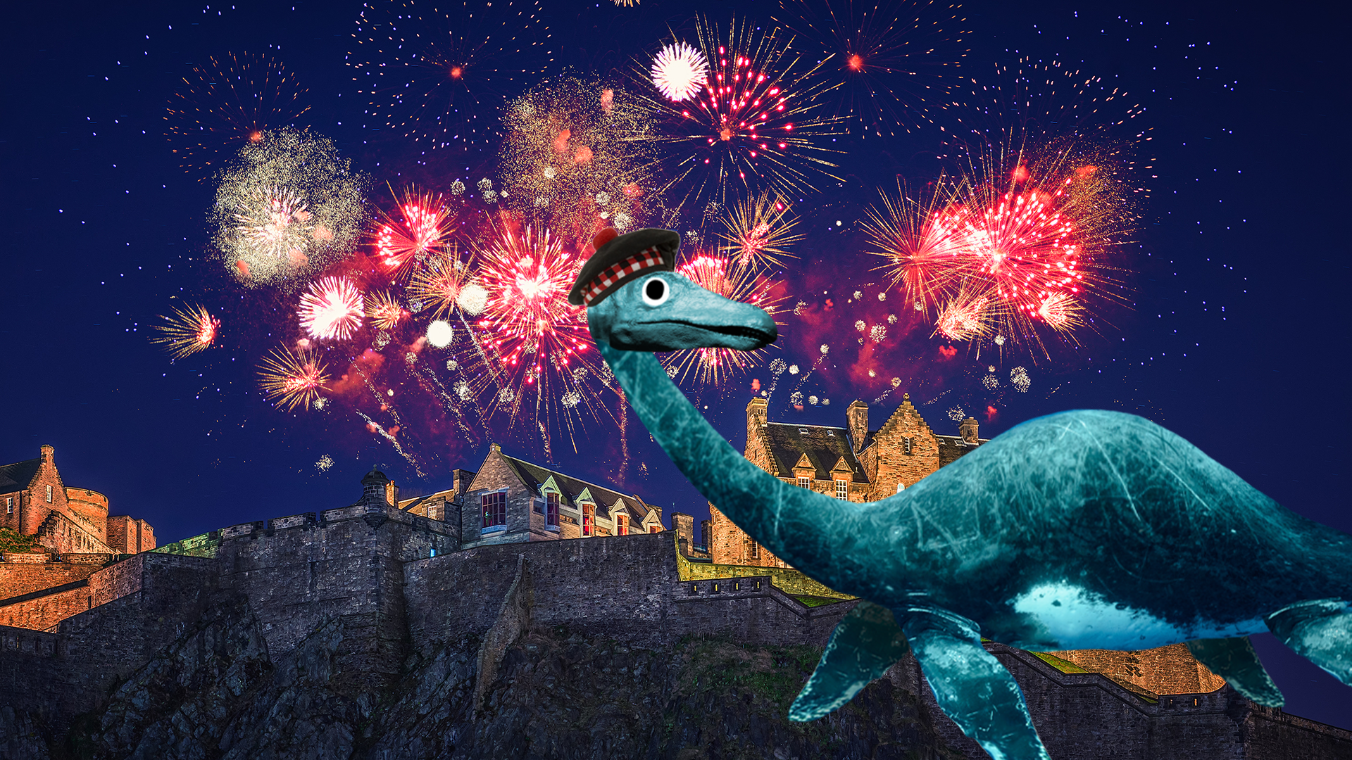 Loch Ness monster watches fireworks at Edinburgh castle