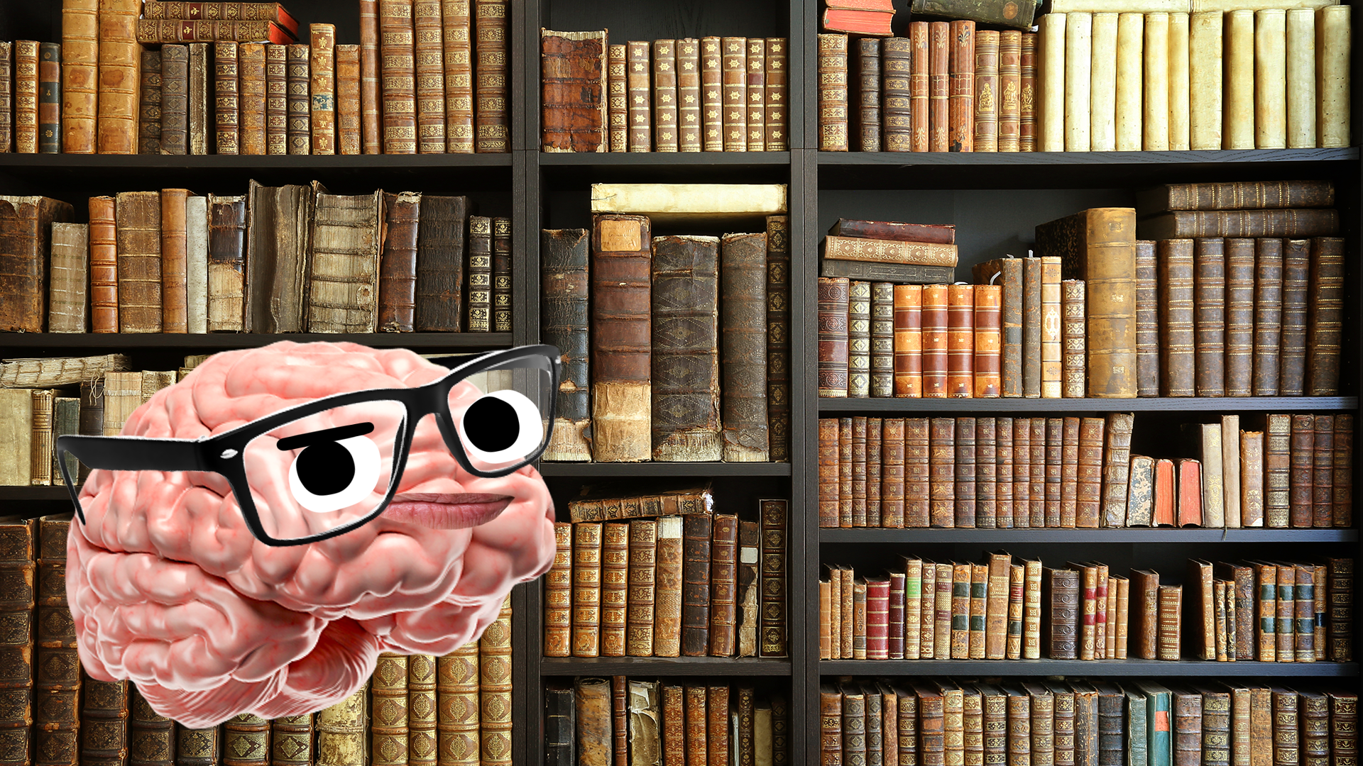 A brain wearing glasses, next to a big bookshelf 