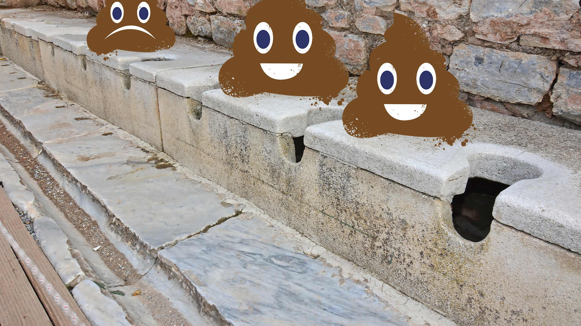 A Roman toilet with poop emojis