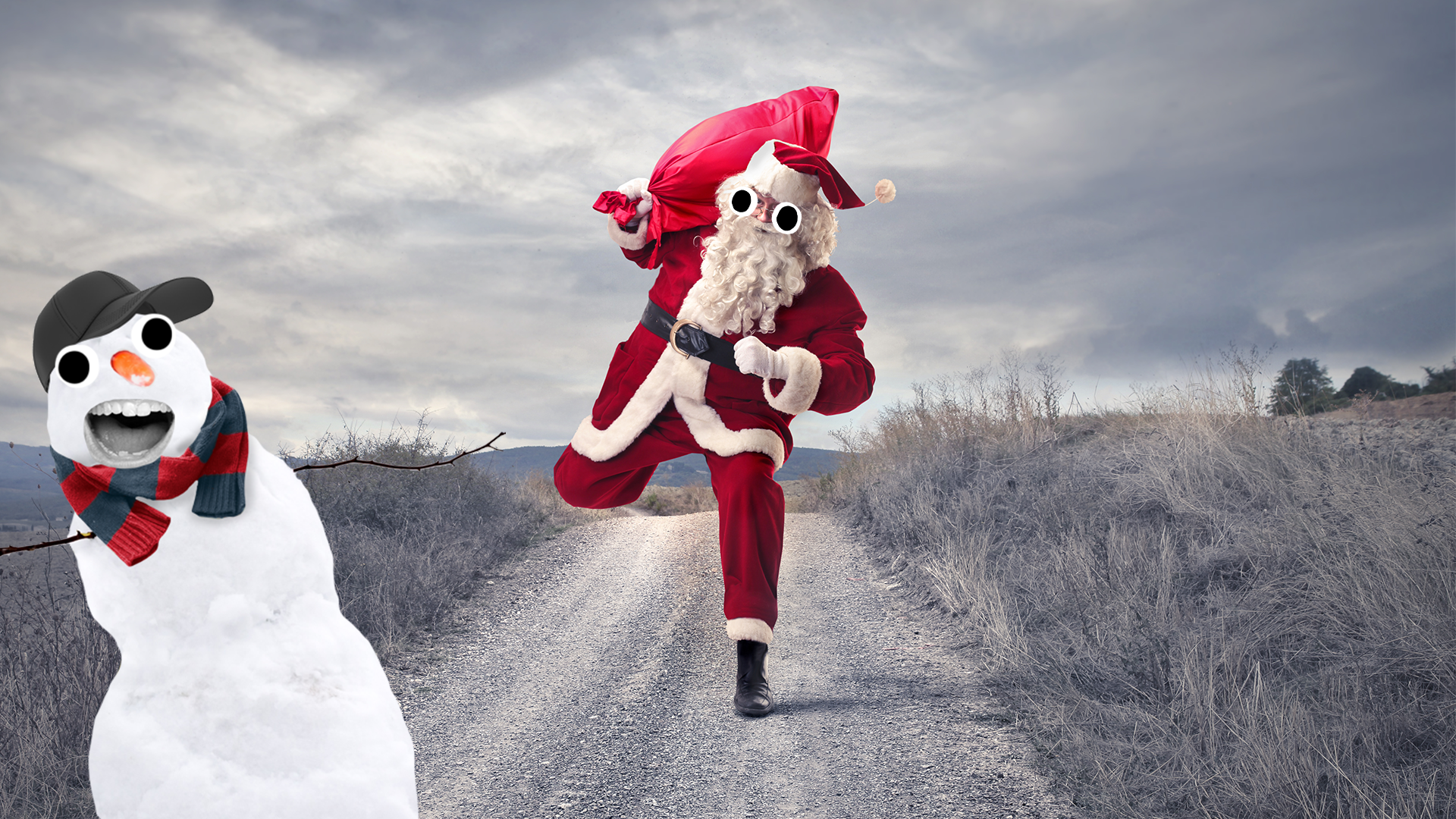 Santa running after a snowman