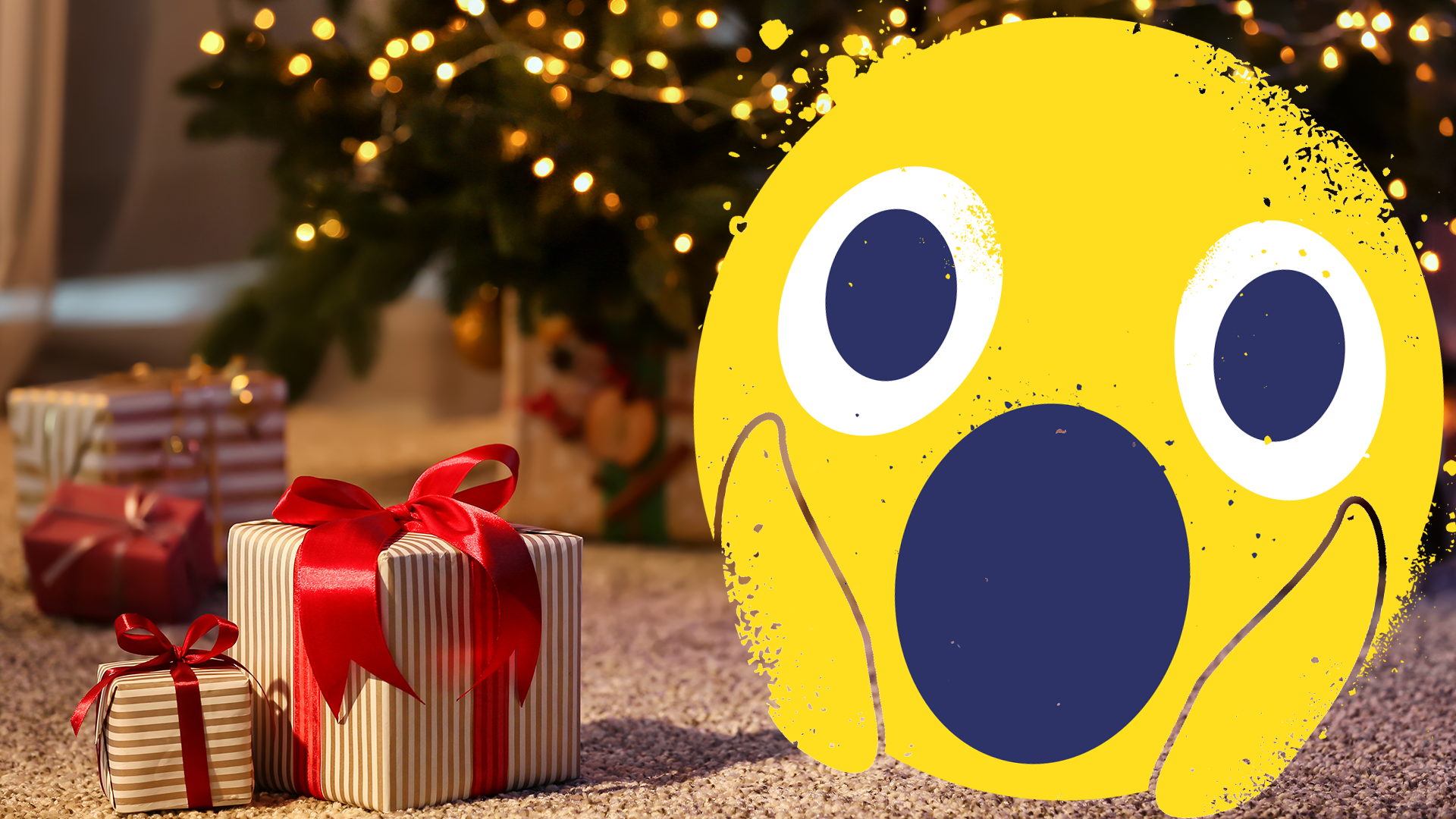 Shocked emoji in a Christmas scene
