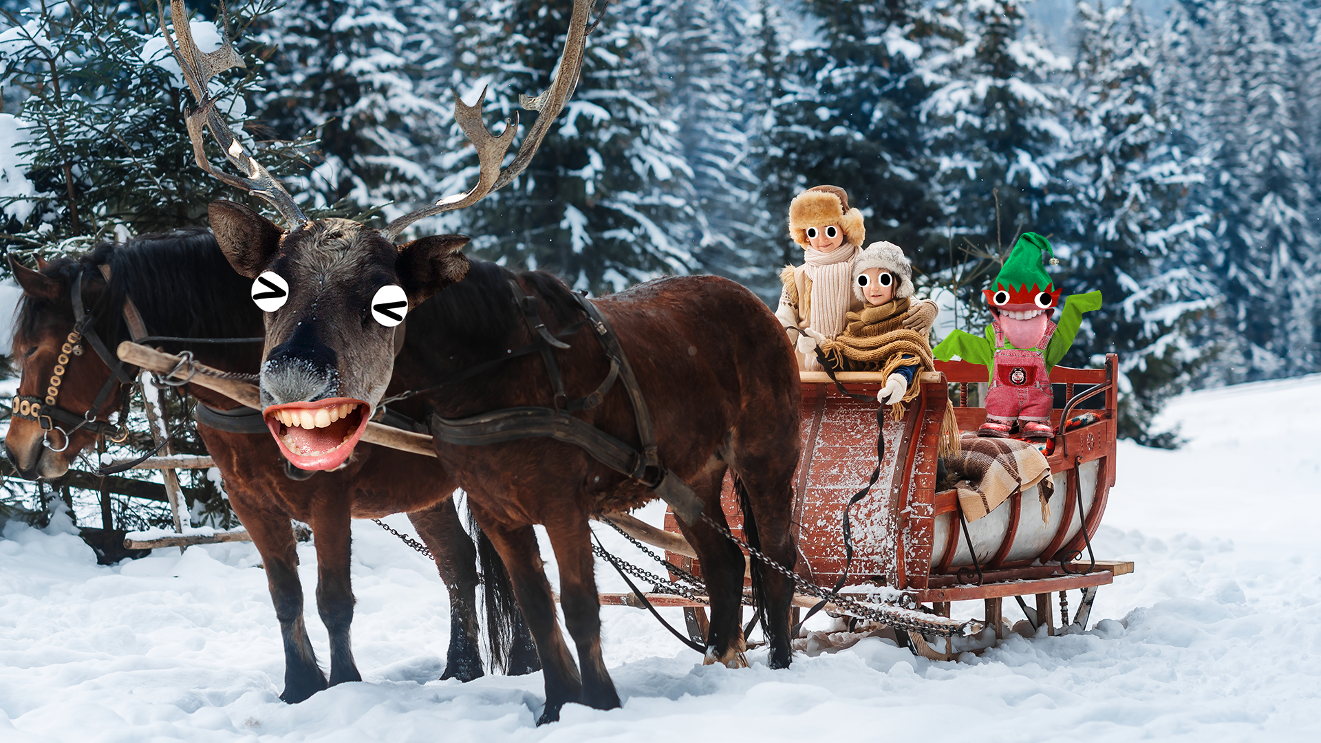Sleigh with people and elf in the snow