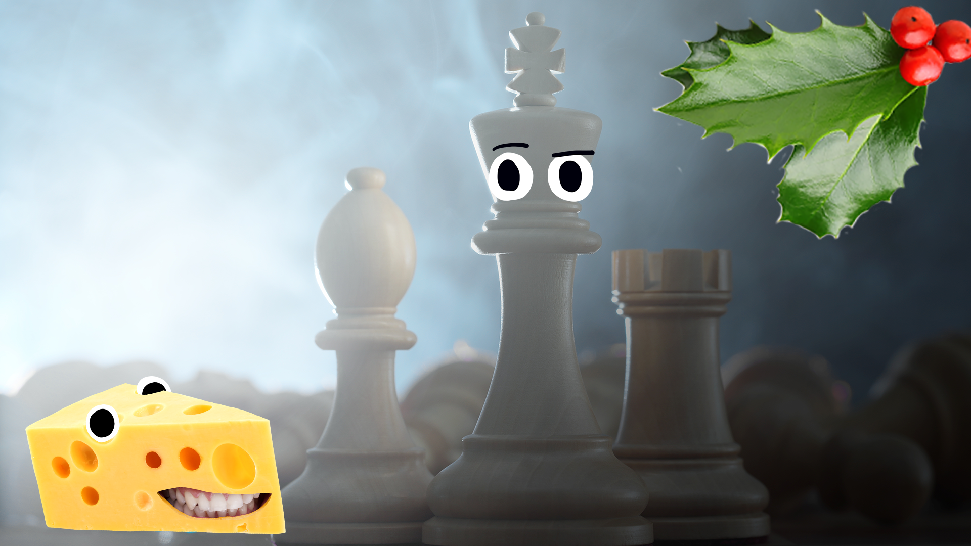 A piece of cheese and chess pieces