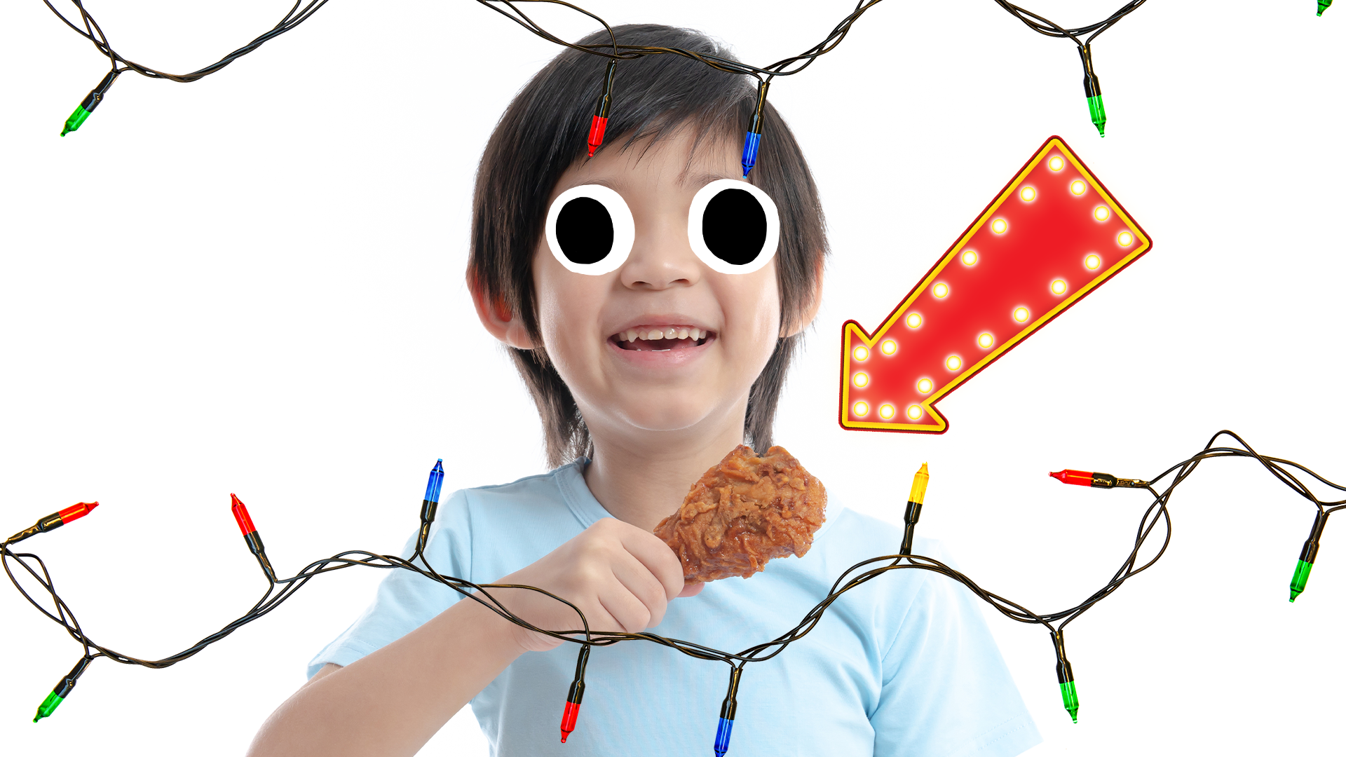 Boy eating chicken with arrow and xmas lights