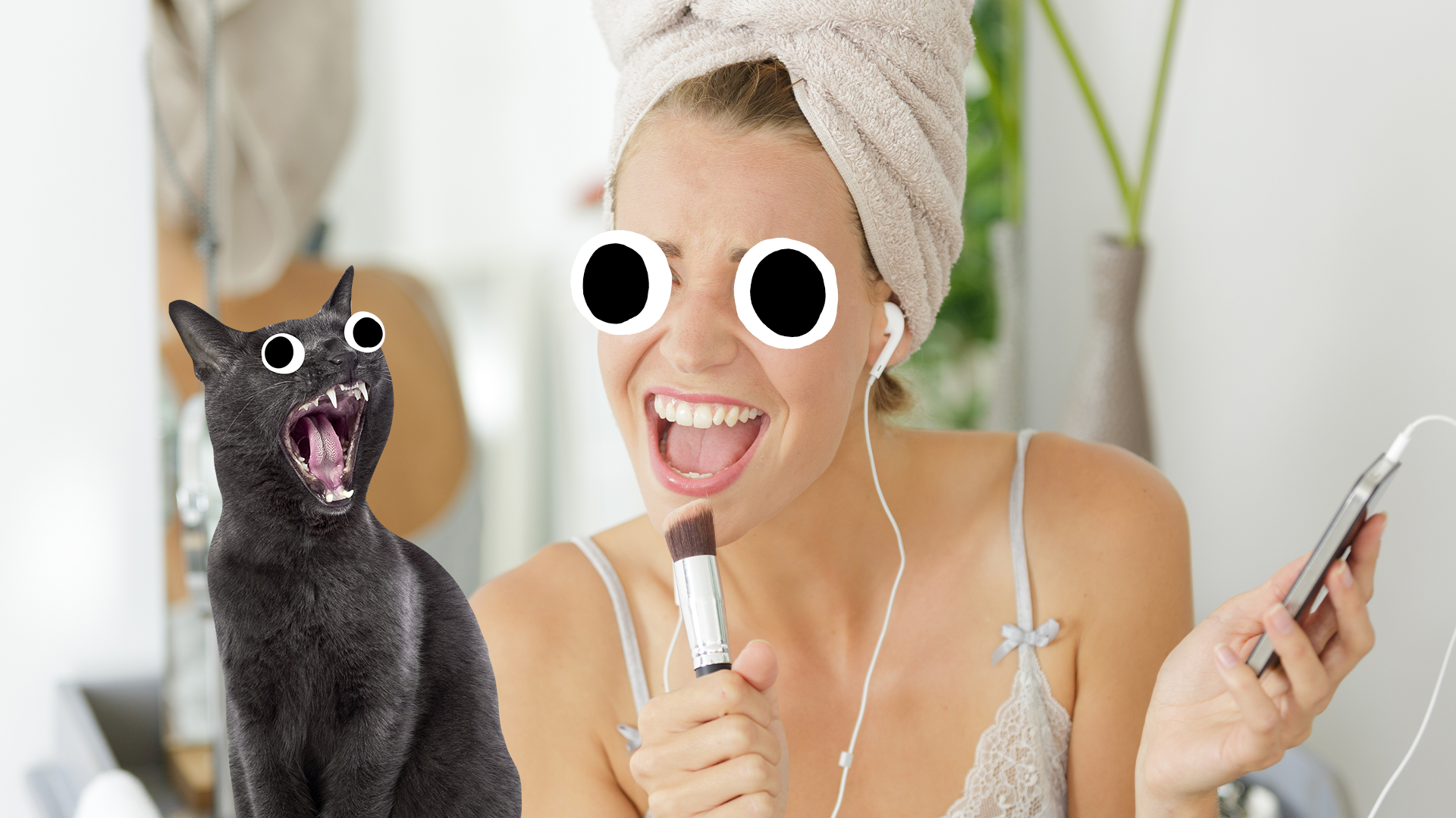 Woman singing into her makeup brush and screaming cat