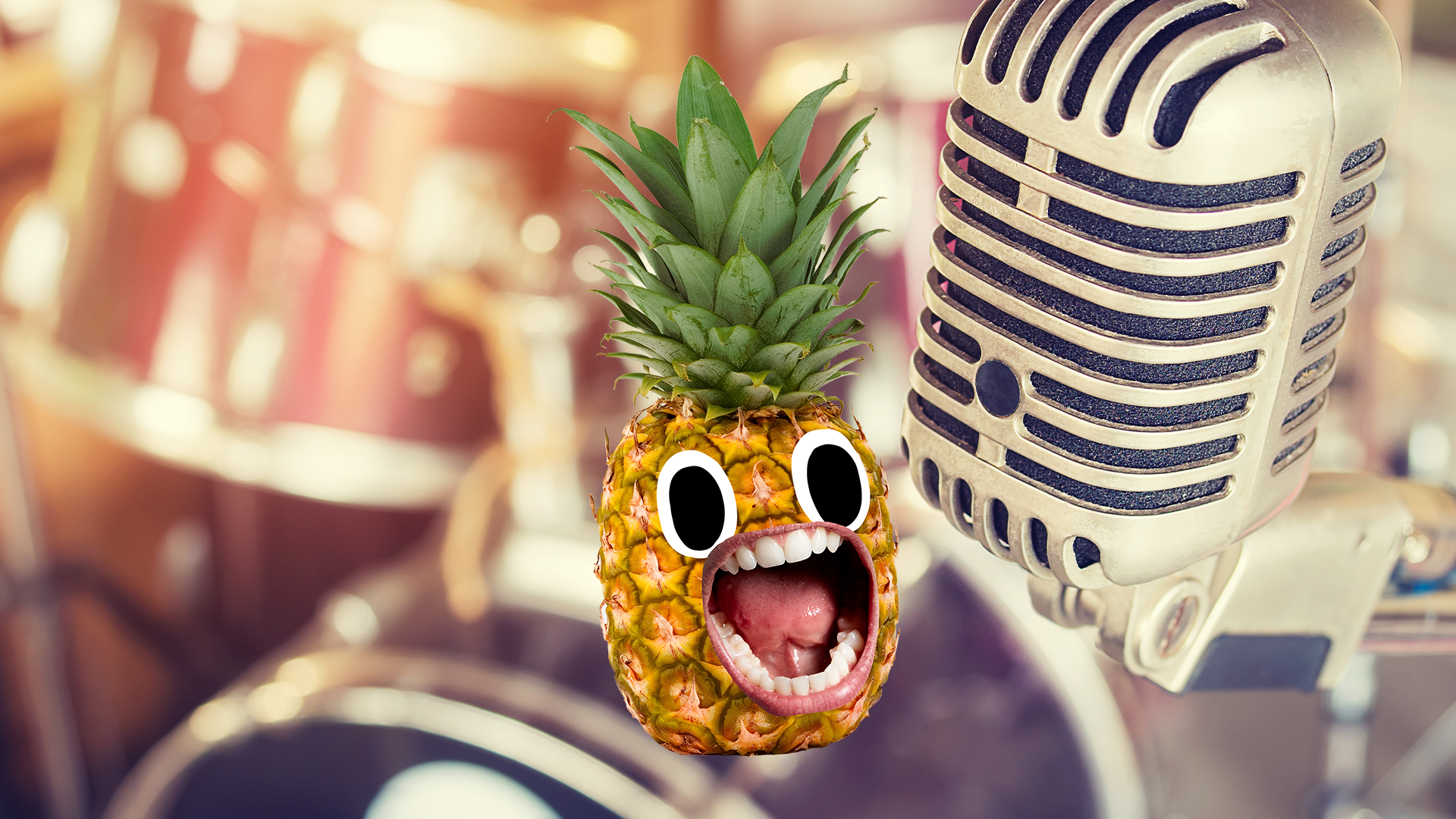Pineapple singing into an old fashioned mic