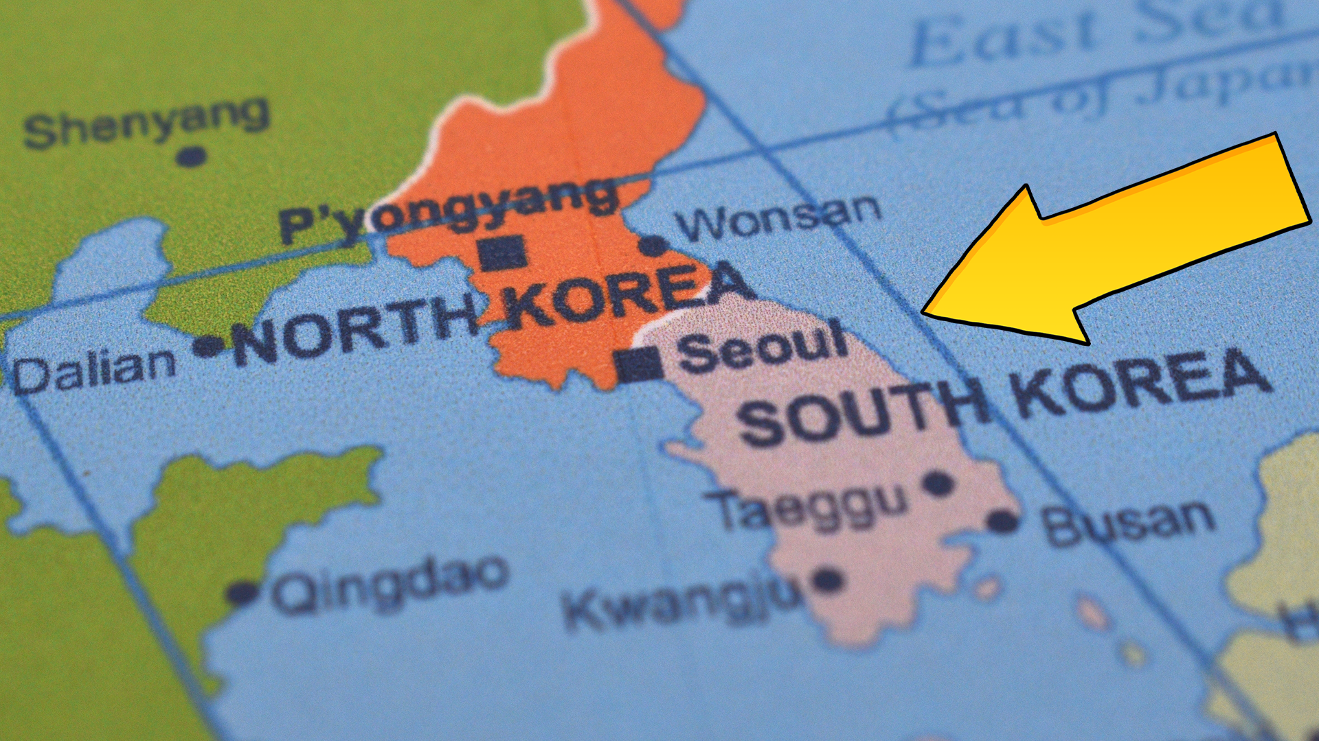 Map with arrow pointing to South Korea