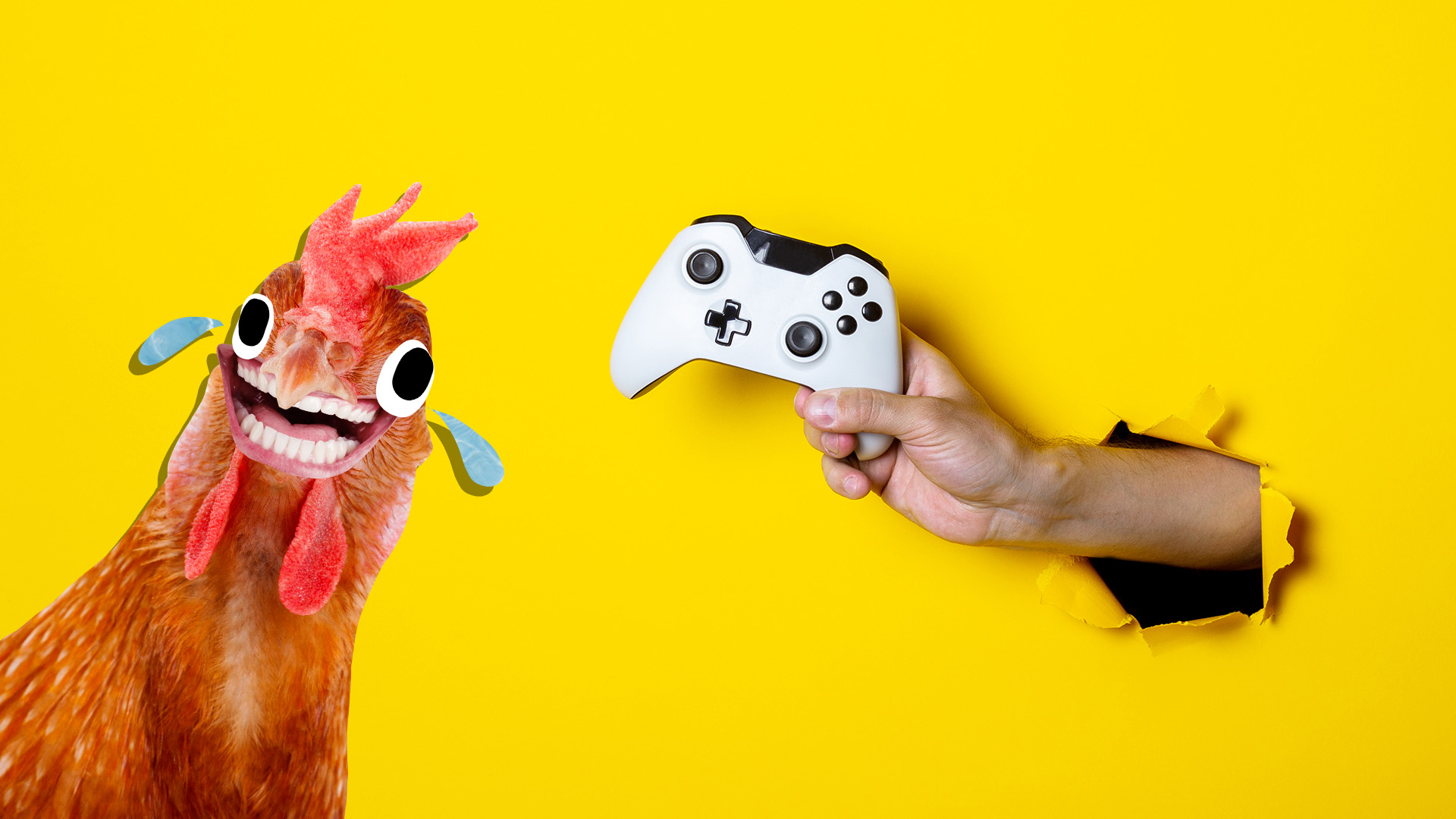 A hand holding a gaming controller next to a laughing chicken 