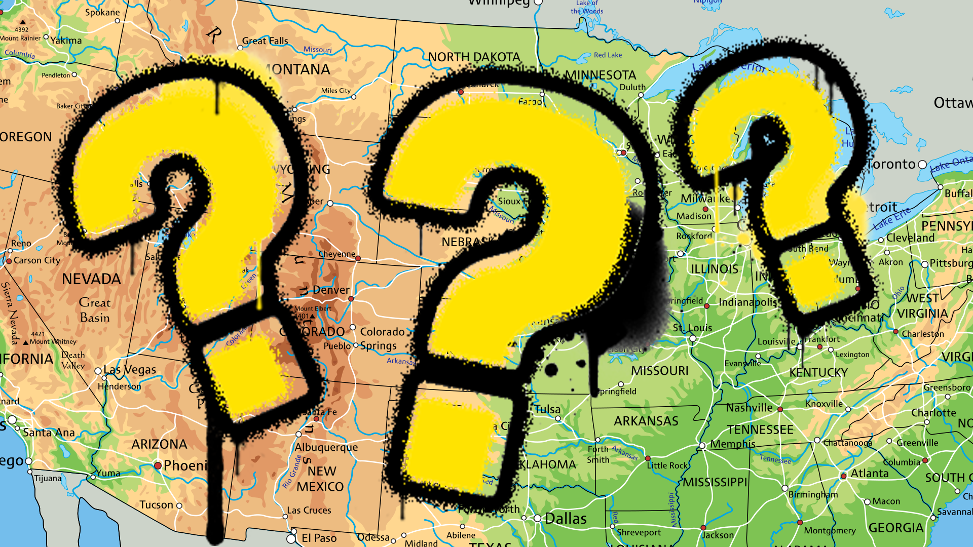 Map of USA and question marks