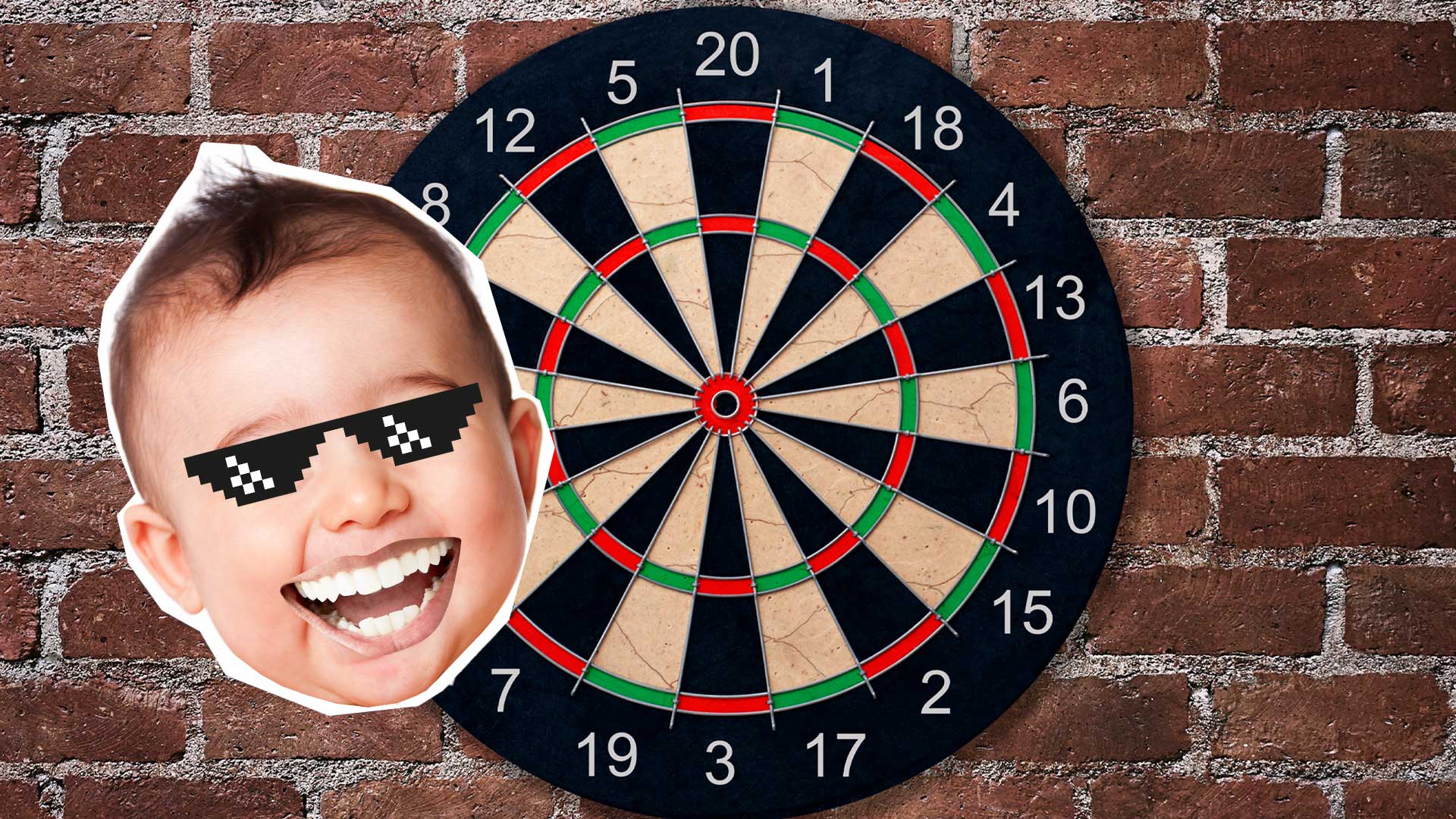 A baby next to a dart board