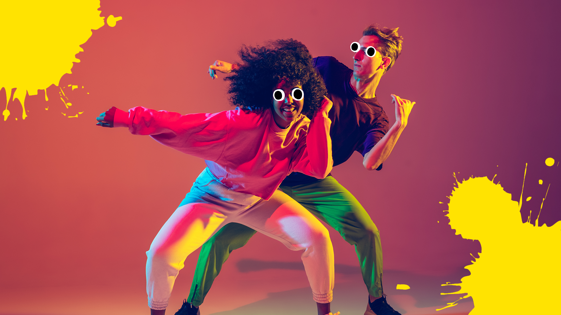 Man and woman dancing with yellow splats