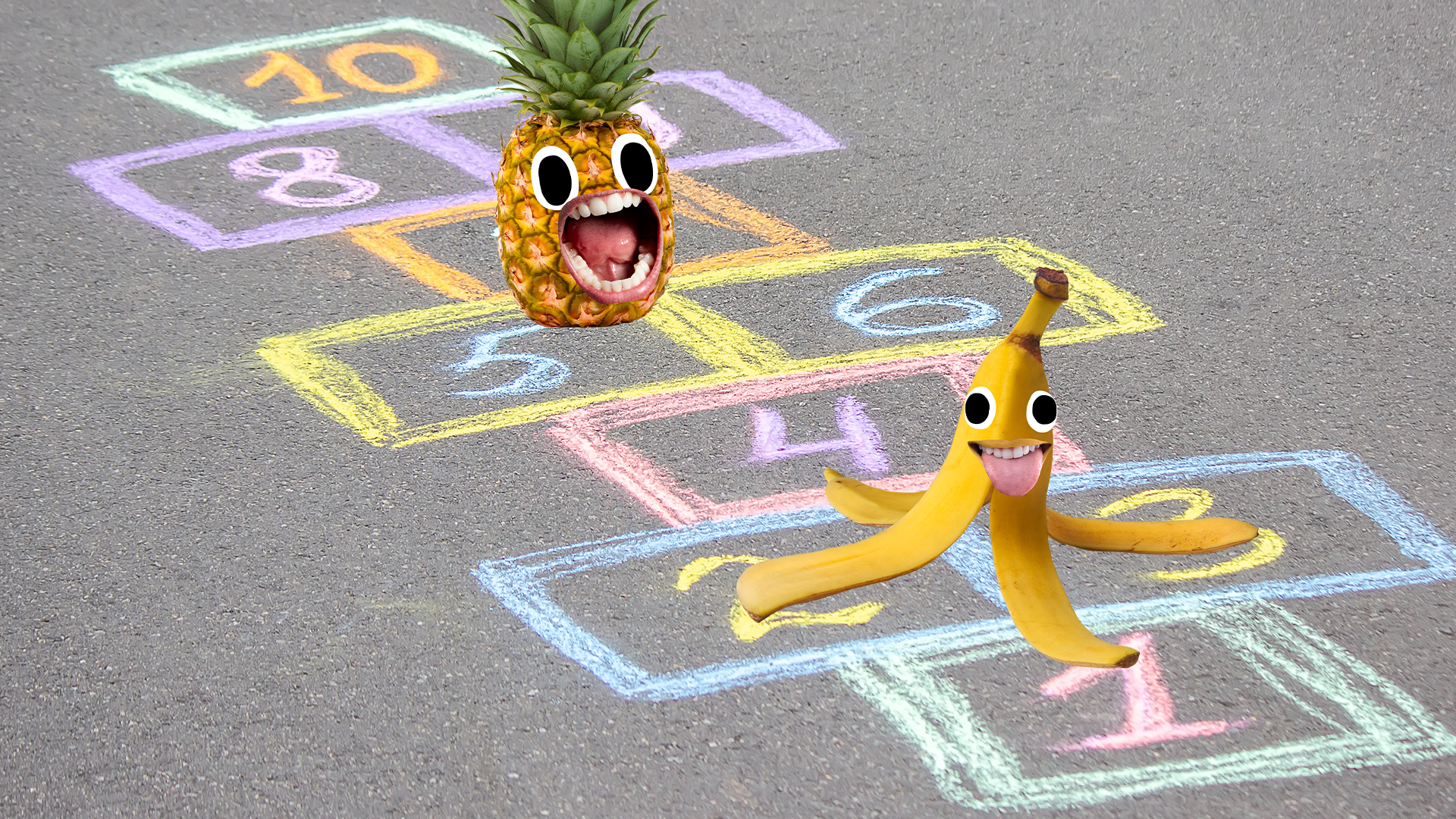 Pineapple and banana on hopscotch squares