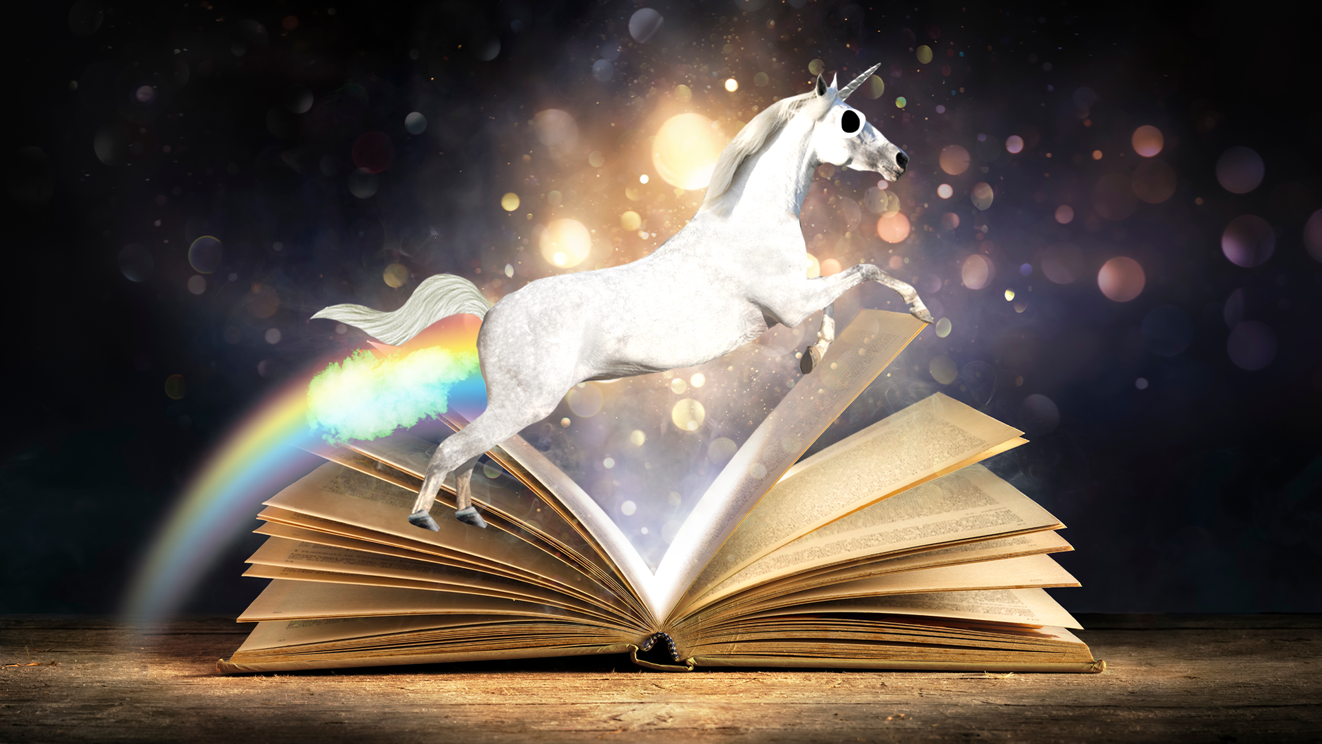 Unicorn farting a rainbow flies over a magic book