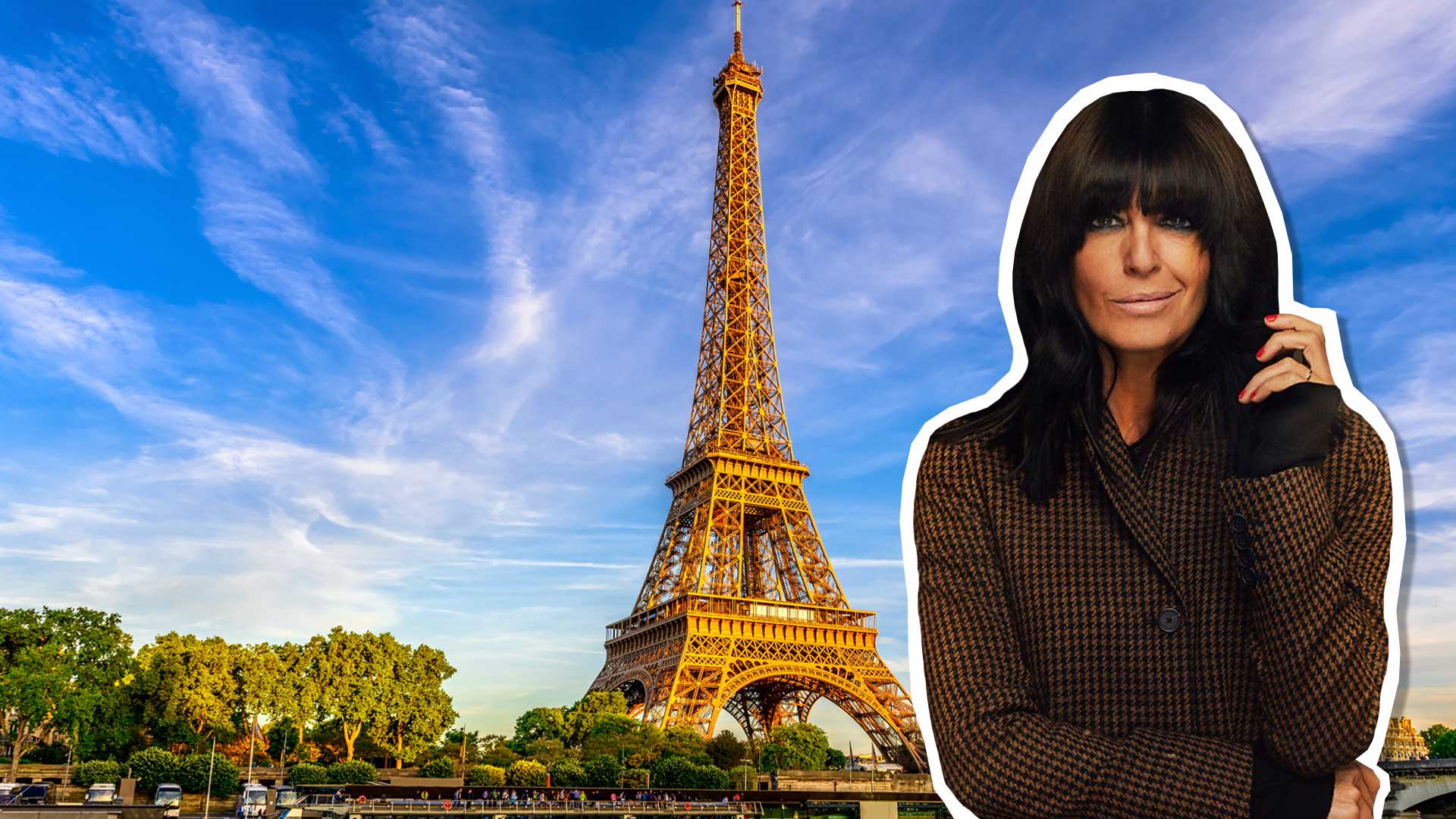 Claudia Winkleman in front of the Eiffel Tower