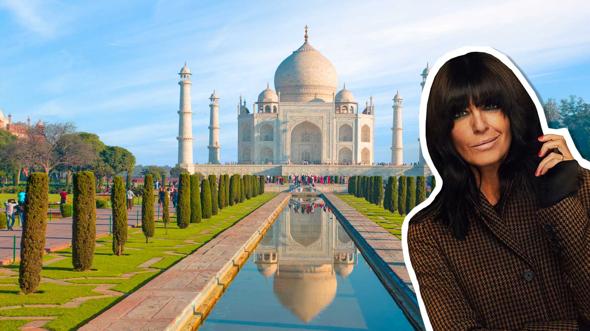 Claudia Winkleman standing in front of the Taj Mahal