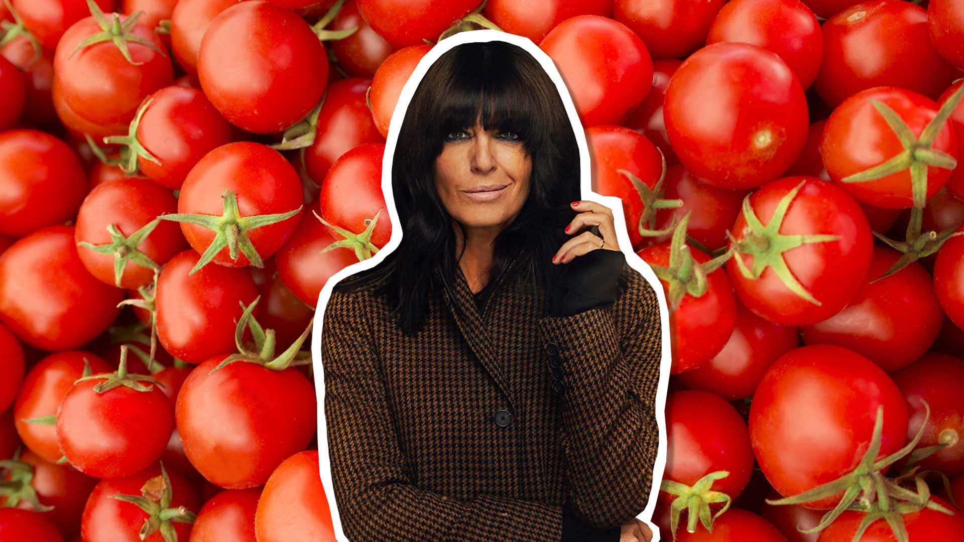 Claudia Winkleman standing in front of a pile of tomatoes