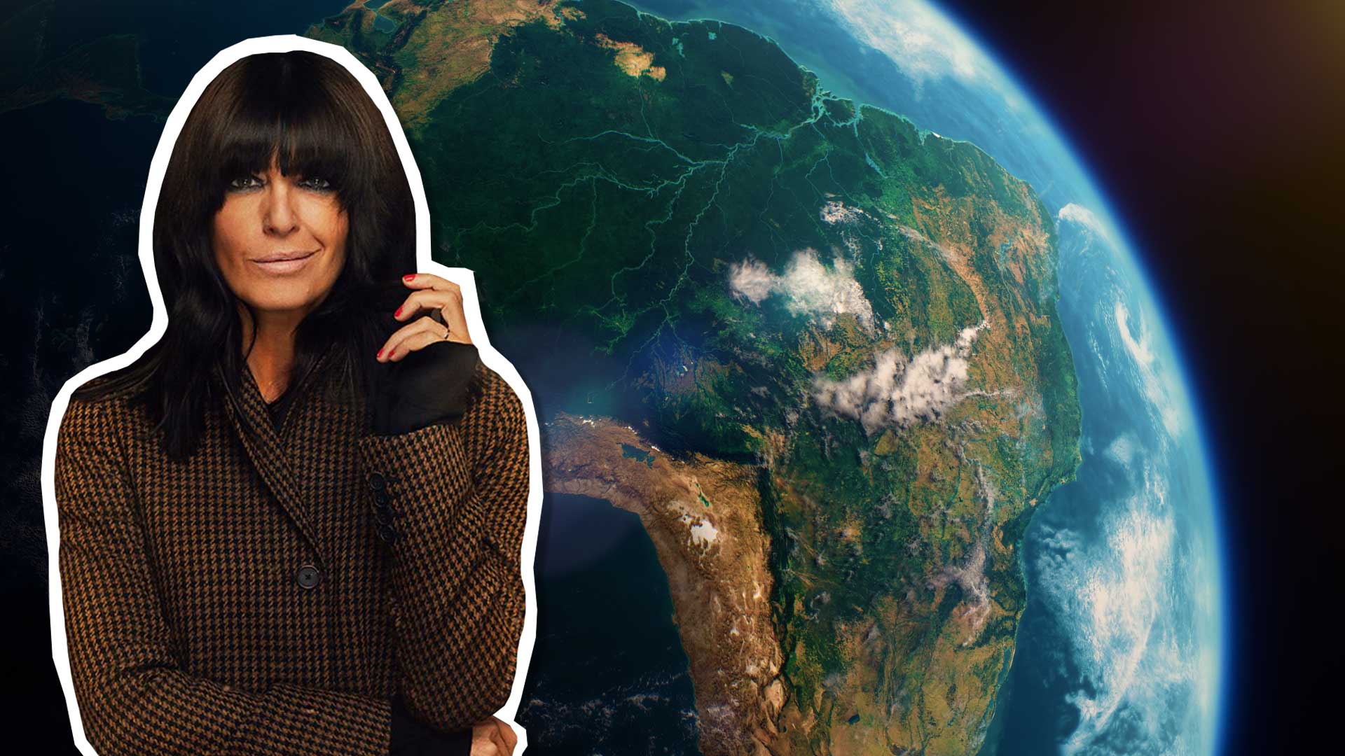 Claudia Winkleman standing in front of the continent of South America