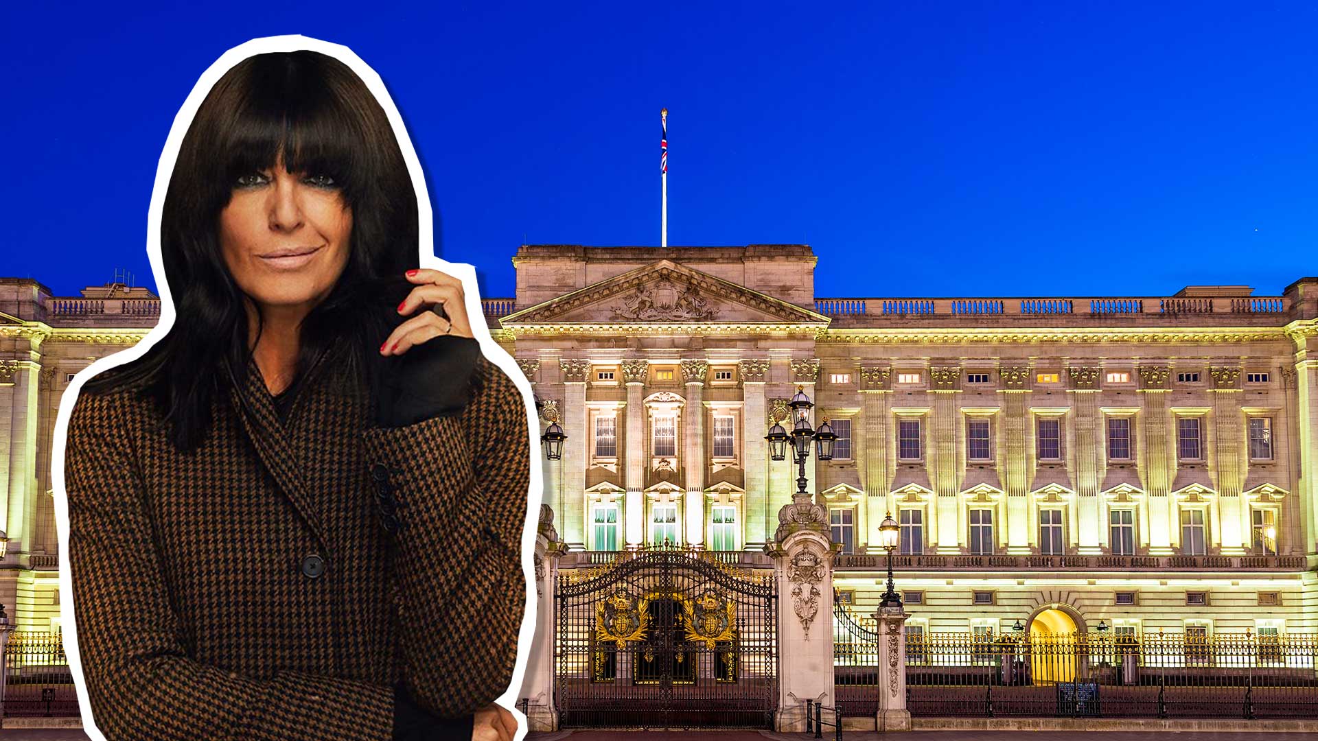Claudia Winkleman in front of Buckingham Palace