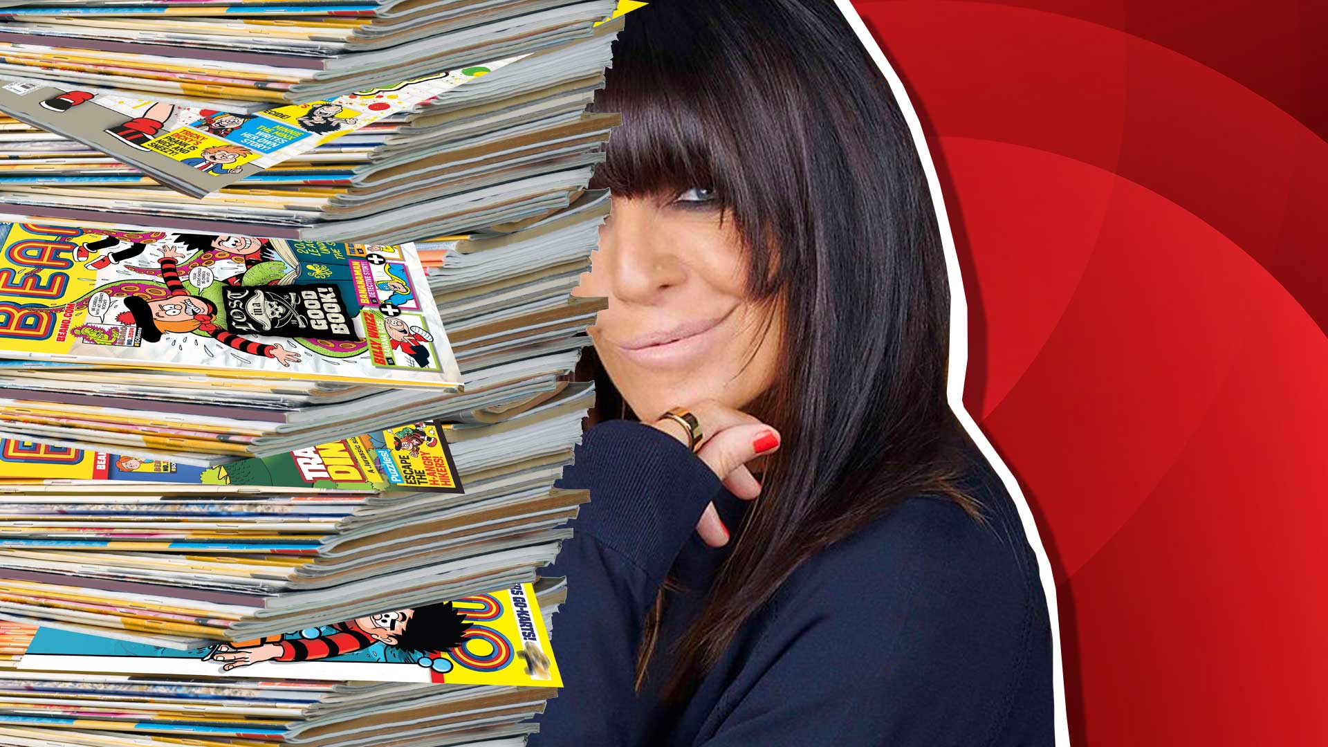 Claudia Winkleman hiding behind a stack of Beanos