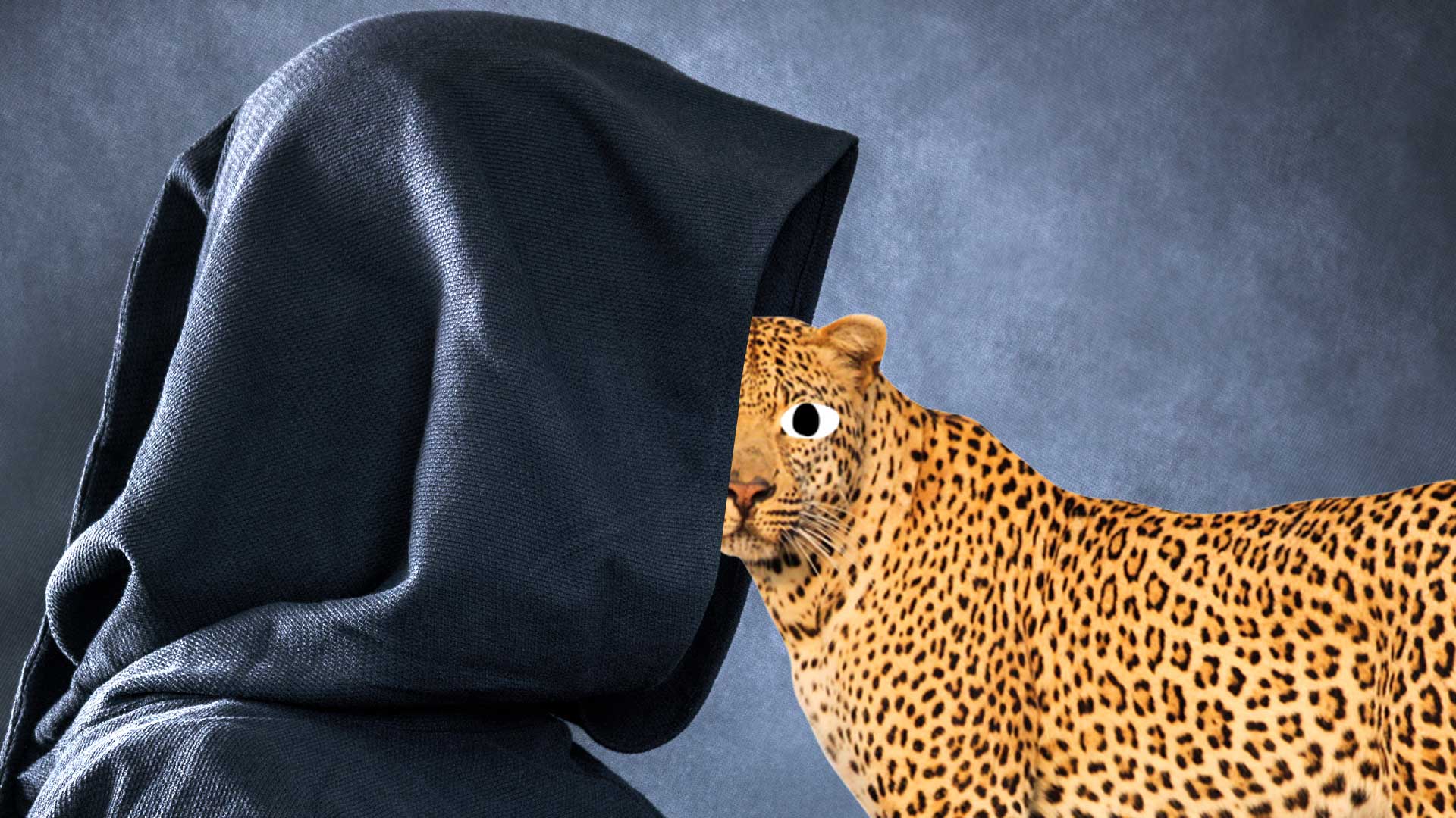 A hooded monk and a curious leopard