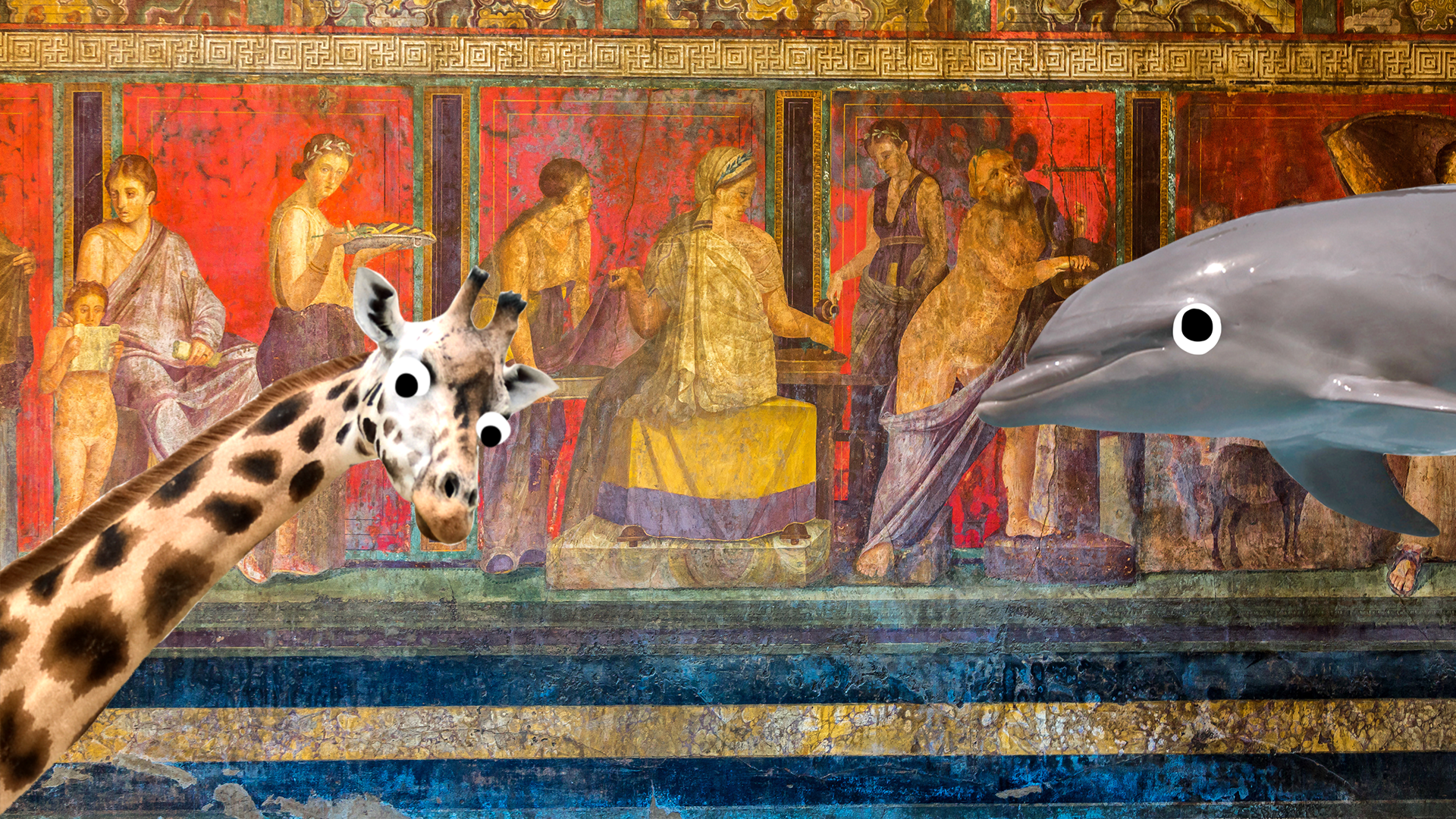 Roman fresco with Beano giraffe and dolphin