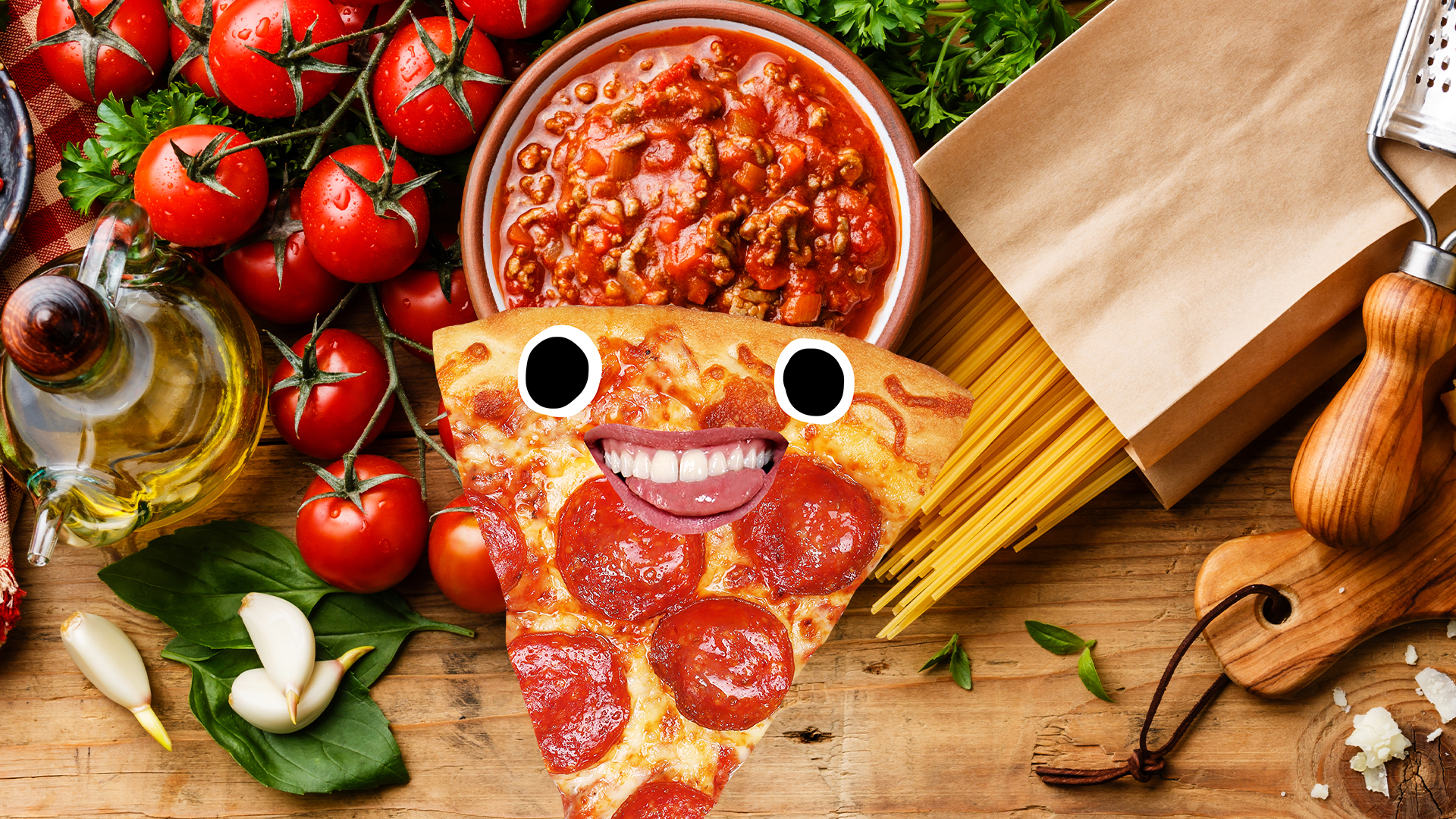 Italian food and grinning pizza slice